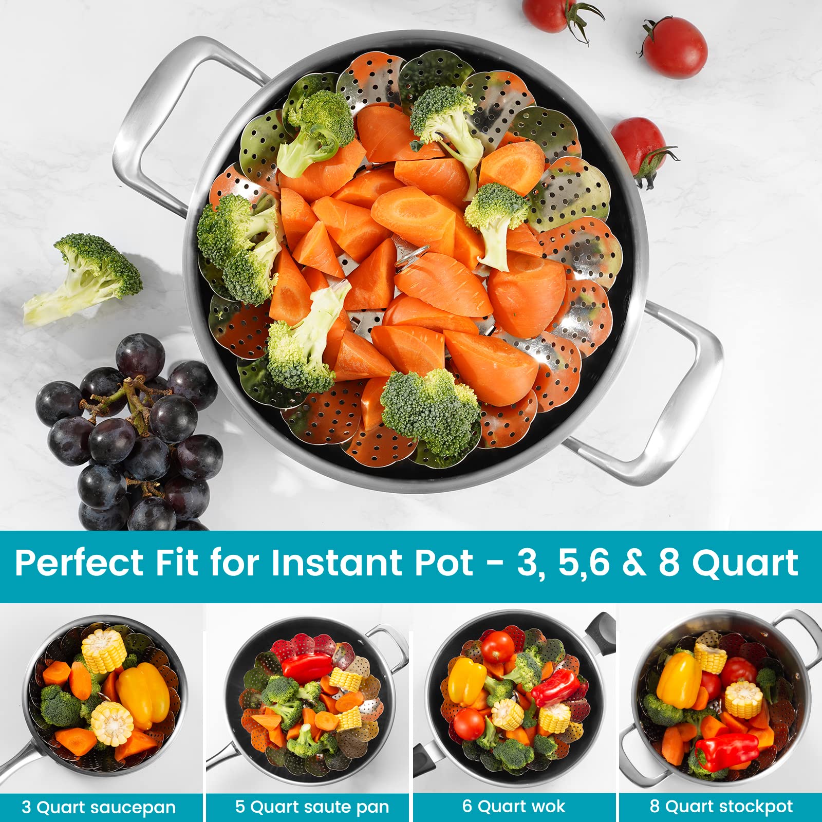 Premium Stainless Steel Collapsible Vegetable Steamer Basket - Expandable Food Steamer Rack for Instant Pot 3/6/8 Qt Pots (5.3-9.5 Inches) - Perfect for Healthy Cooking, Meal Prep & Steaming Veggies, Dumplings, Seafood