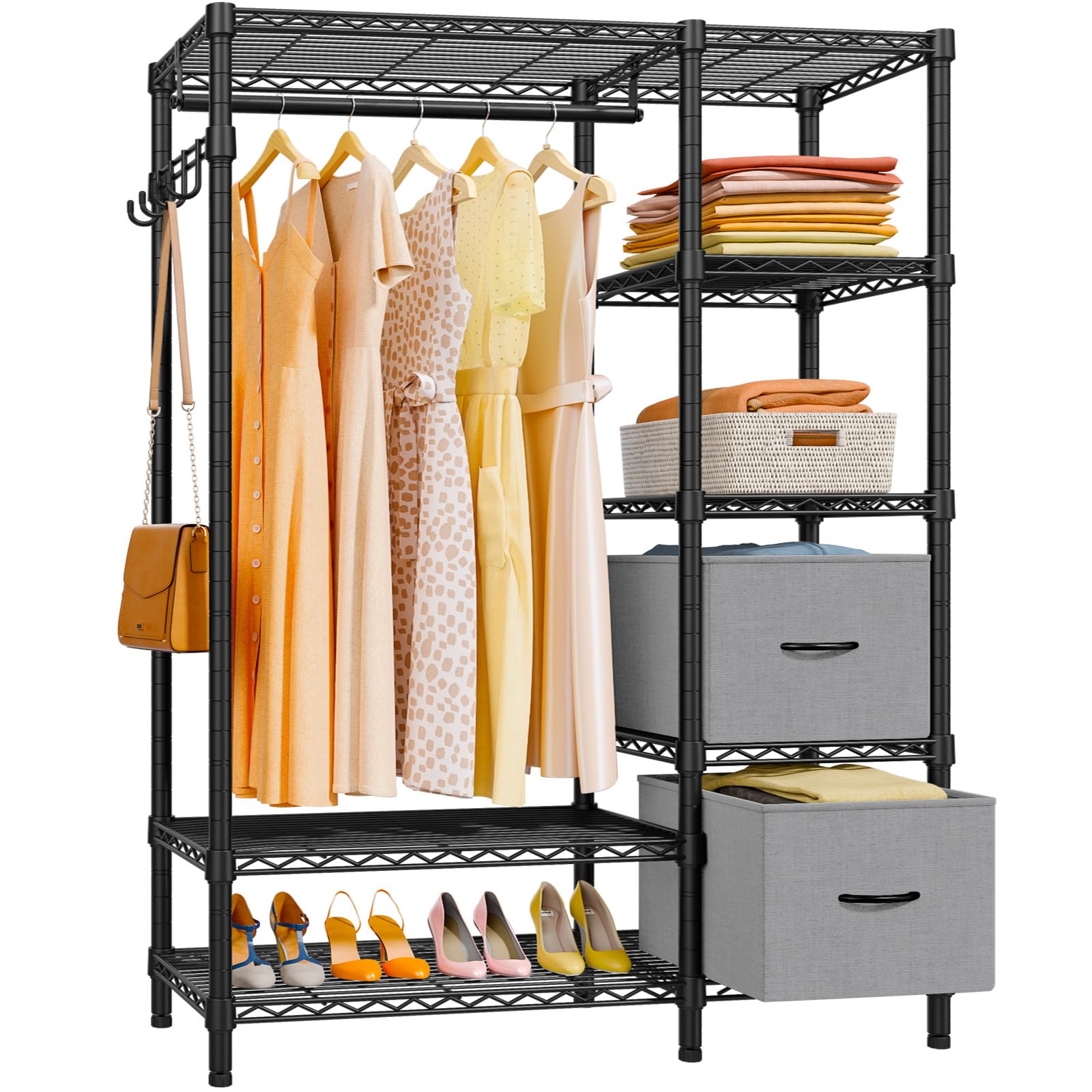 VIPEK V7 Heavy Duty Garment Rack with Shelves & Drawers - Adjustable Metal Wardrobe for Clothes Storage, Freestanding Closet System with 730lbs Capacity (Black) - Perfect for Bedroom, Closet Organization, Laundry Room & Commercial Use