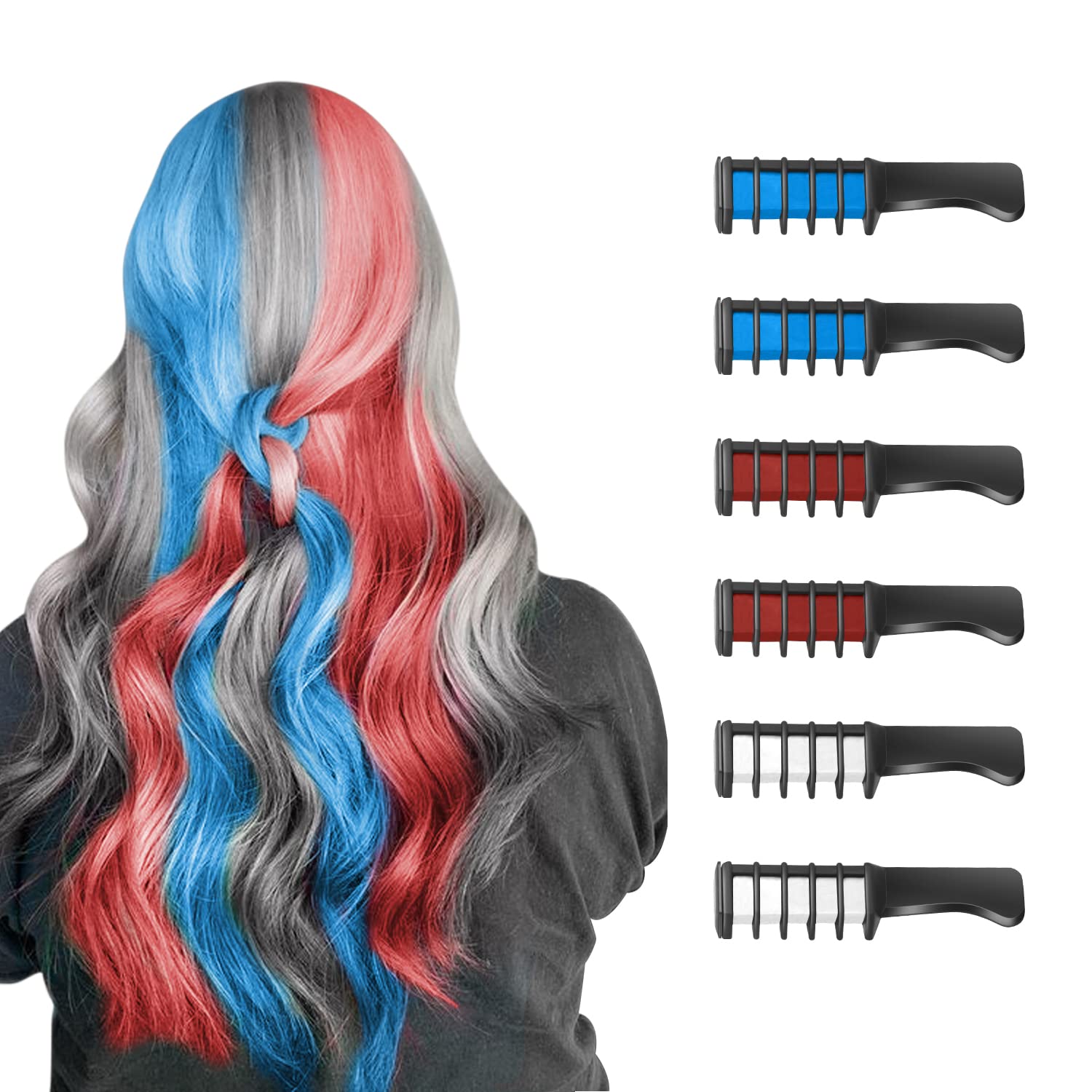 Washable Temporary Hair Chalk Comb for Kids & Girls - Non-Permanent Hair Color Dye for Light Hair (Red, White, Blue) | Birthday, Cosplay, Halloween, Christmas Party DIY Styling Accessories