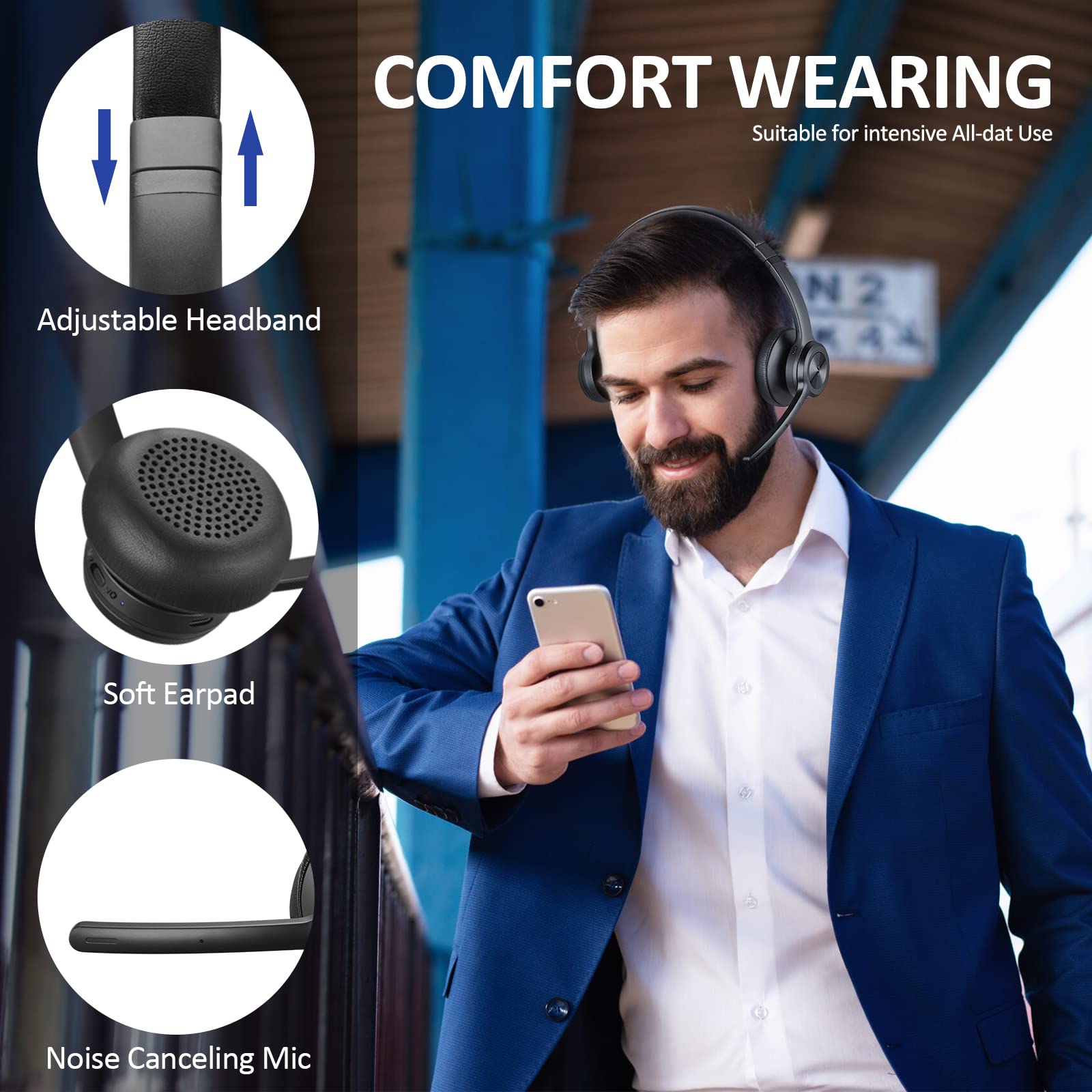 Bluetooth 5.2 Wireless Headphones with Noise Cancelling Mic, On-Ear Wireless Headset for Phone & Laptop, Ideal for Work, Gaming & Travel