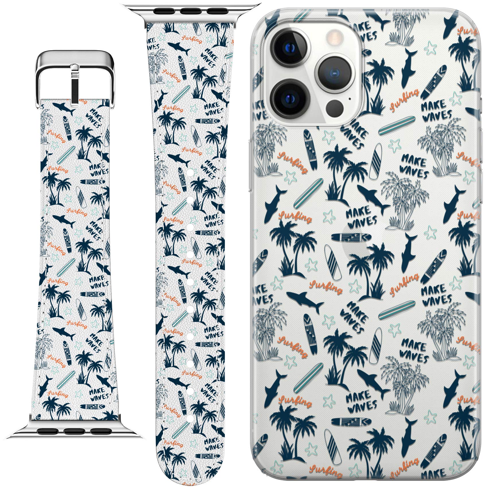 Apple Watch Bands Compatible with Series 7/6/5/4/3/2/1/SE & Matching Phone Case - Cute PU Leather Tropical Whale Hawaii Print Surfboard Strap for 38-45mm - Perfect for Beach, Summer & Casual Wear