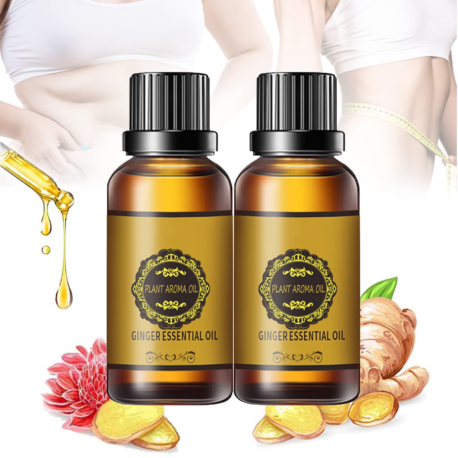 Natural Ginger Essential Oil for Lymphatic Drainage & Belly Slimming - 2 Pack, Relaxing Massage Oil for Detox, Tummy Reduction & Body Contouring - Perfect for Home Spa, Post-Workout Recovery & Self-Care Routines