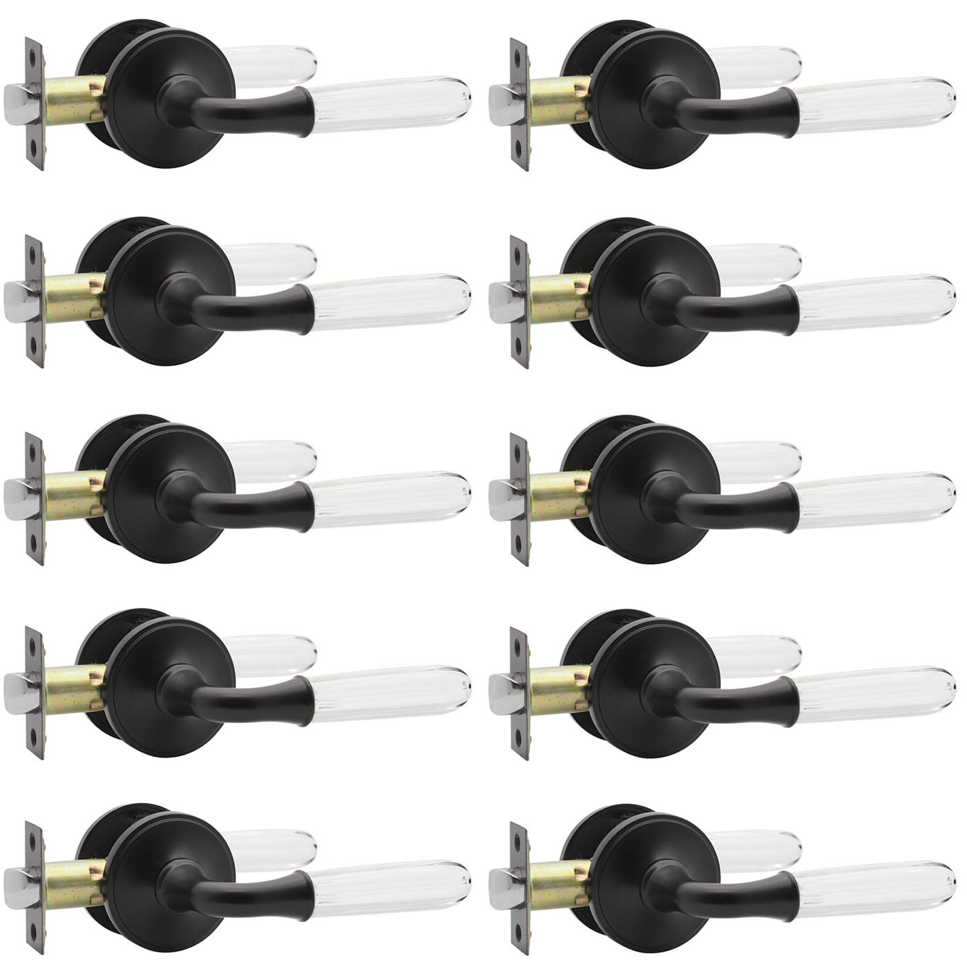 10-Pack Matte Black Fluted Glass Door Levers & Handles with Victorian Plate Rosettes - Crystal Diamond Passage Locksets for Hall, Closet & Interior Doors - Vintage Style Hardware for Home & Office Decor