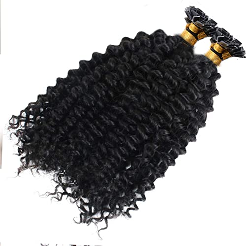 Long Kinky Curly Flat Tip Human Hair Extensions - 100 Strands Keratin Pre-Bonded Fusion Hair in Natural Jet Black (26 Inch) for Stunning Hairstyles & Volume Boost - Perfect for Weddings, Parties & Daily Wear