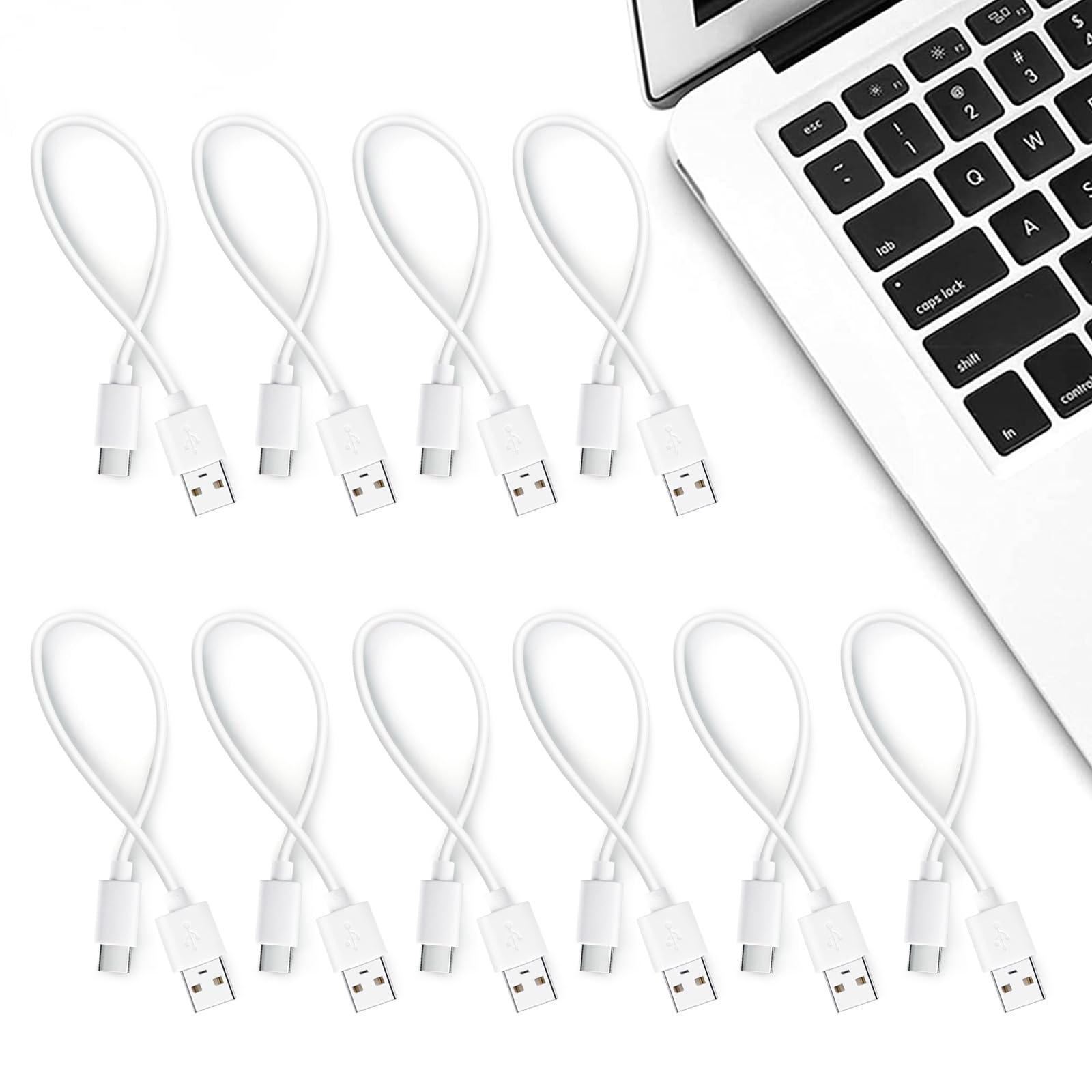 10-Pack 1ft USB C to USB A Fast Charging Cables - Short Bulk Charging Cord Set for iPhone, Android, Samsung - Perfect for Home, Office, Car & Travel Accessories (White)