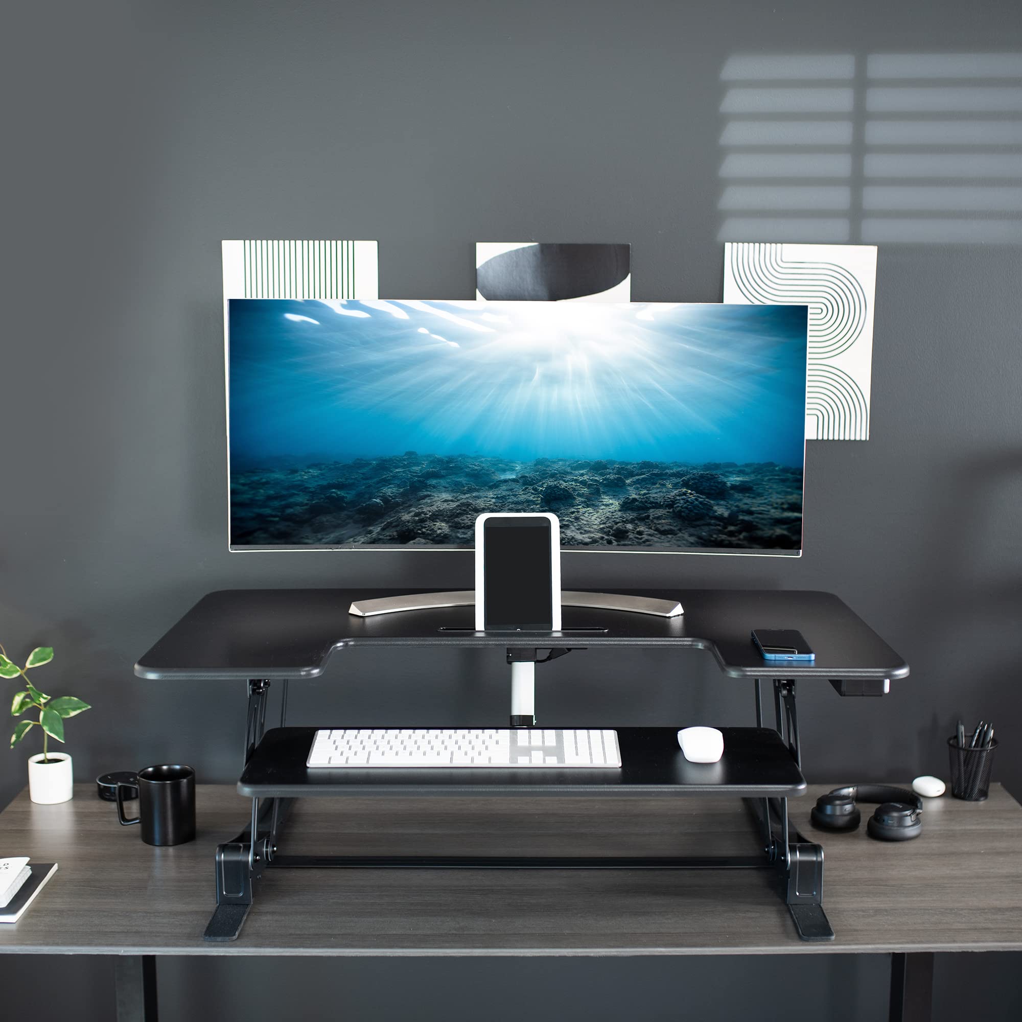 VIVO 36 Inch Electric Height Adjustable Standing Desk Converter | VE Series Sit Stand Workstation with Dual Monitor Riser & USB Port | Black DESK-V000VE | Perfect for Home Office, Gaming & Workspace Ergonomics