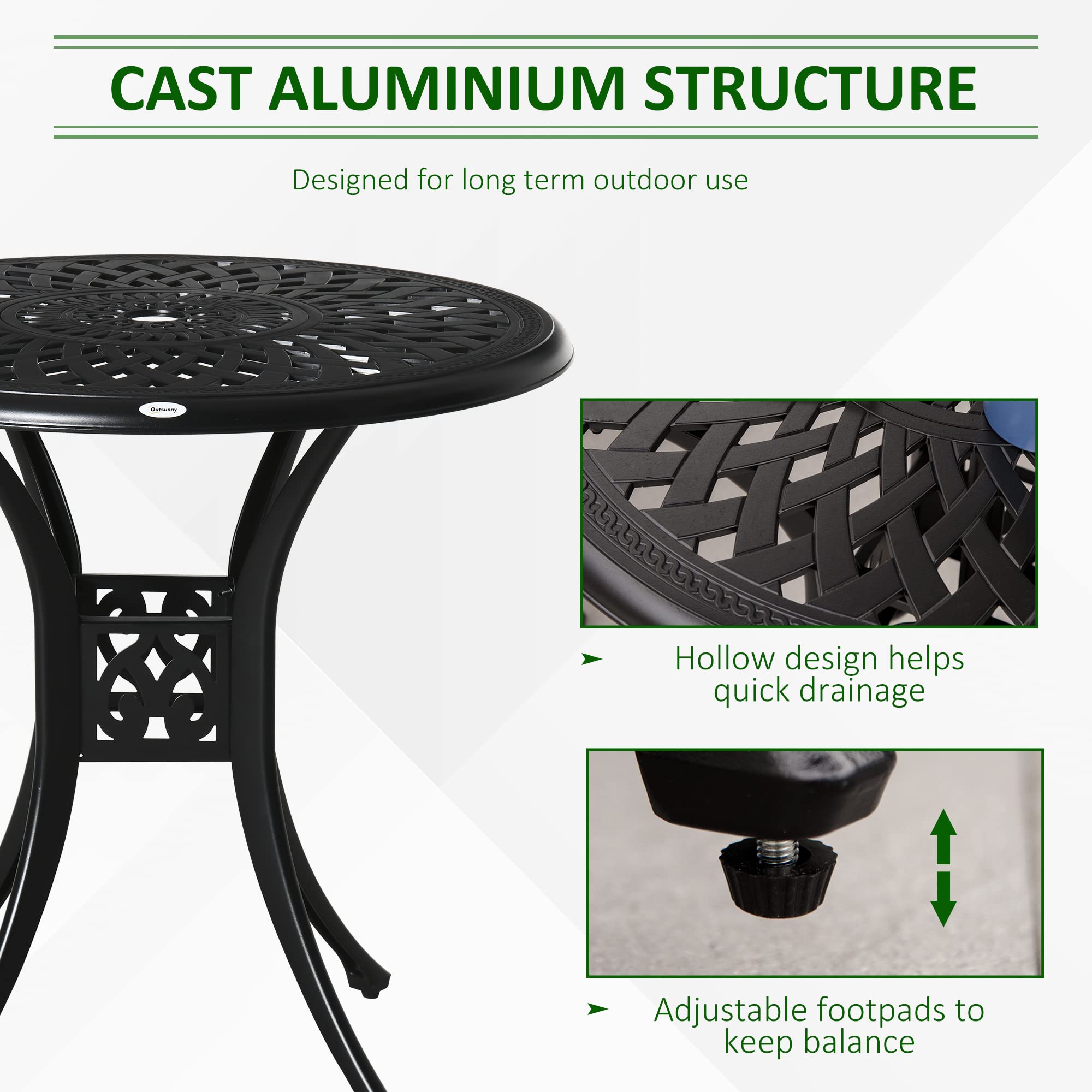 Outsunny 30 Inch Round Outdoor Patio Dining Table with Umbrella Hole - Antique Cast Aluminum Bistro Table for Garden, Backyard, Poolside - Weather Resistant Black Metal Table for Outdoor Entertaining