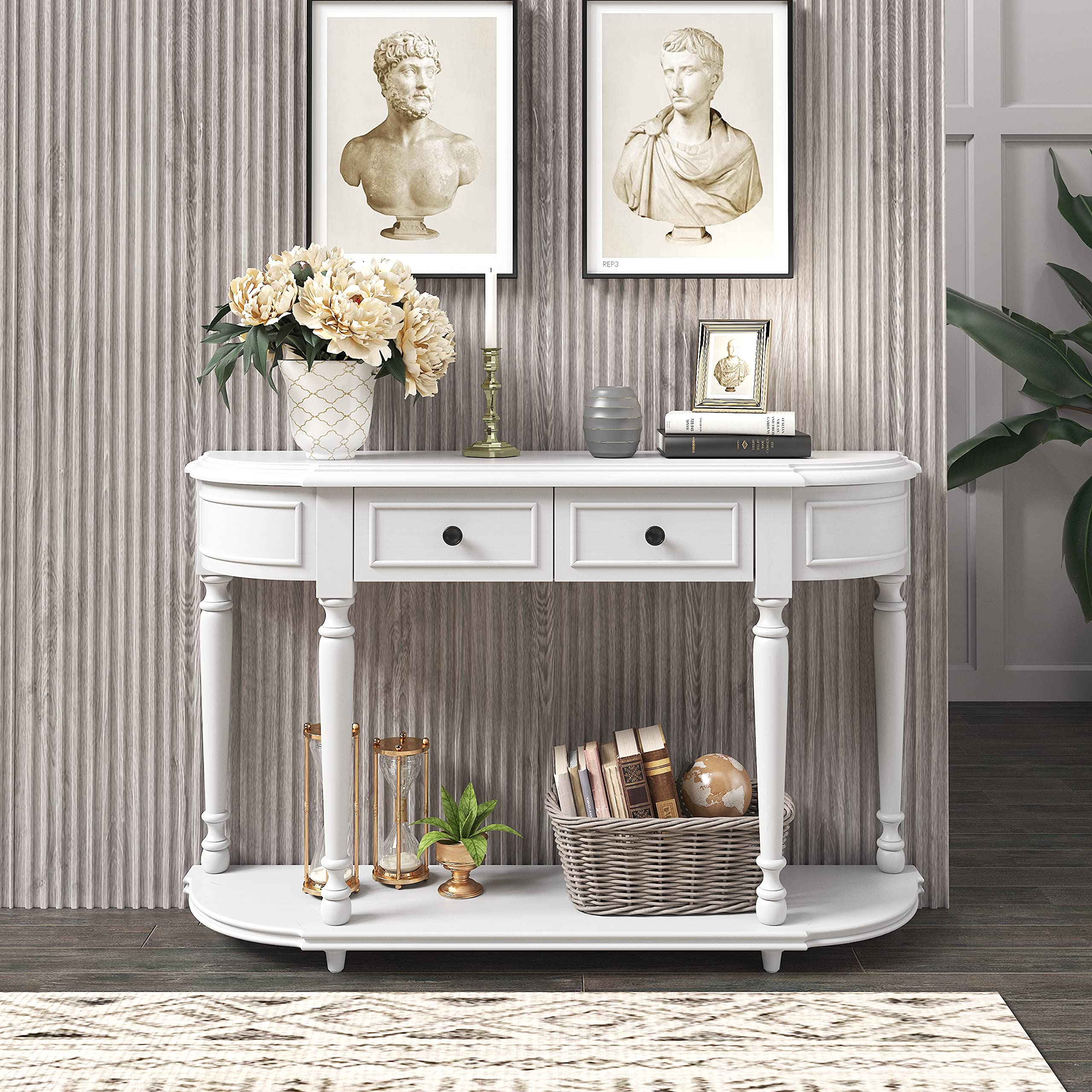Antique White Wooden Sideboard Console Table with 2 Storage Drawers & Bottom Shelf - Entryway Sofa Table for Hallway, Living Room, Bedroom & Dining Room - Perfect for Home Decor & Organization