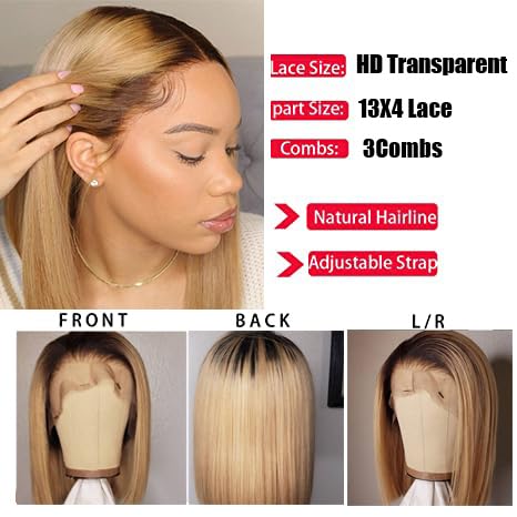 13x4 HD Transparent Lace Front Wig - 100% Human Hair Glueless Bob Wig with Ombre Honey Blonde Highlights, Pre-Plucked Hairline & Baby Hair | Wear & Go Short Bob Wigs for Women (#4/27) | Perfect for Daily Wear, Parties, Cosplay & Special Occasions