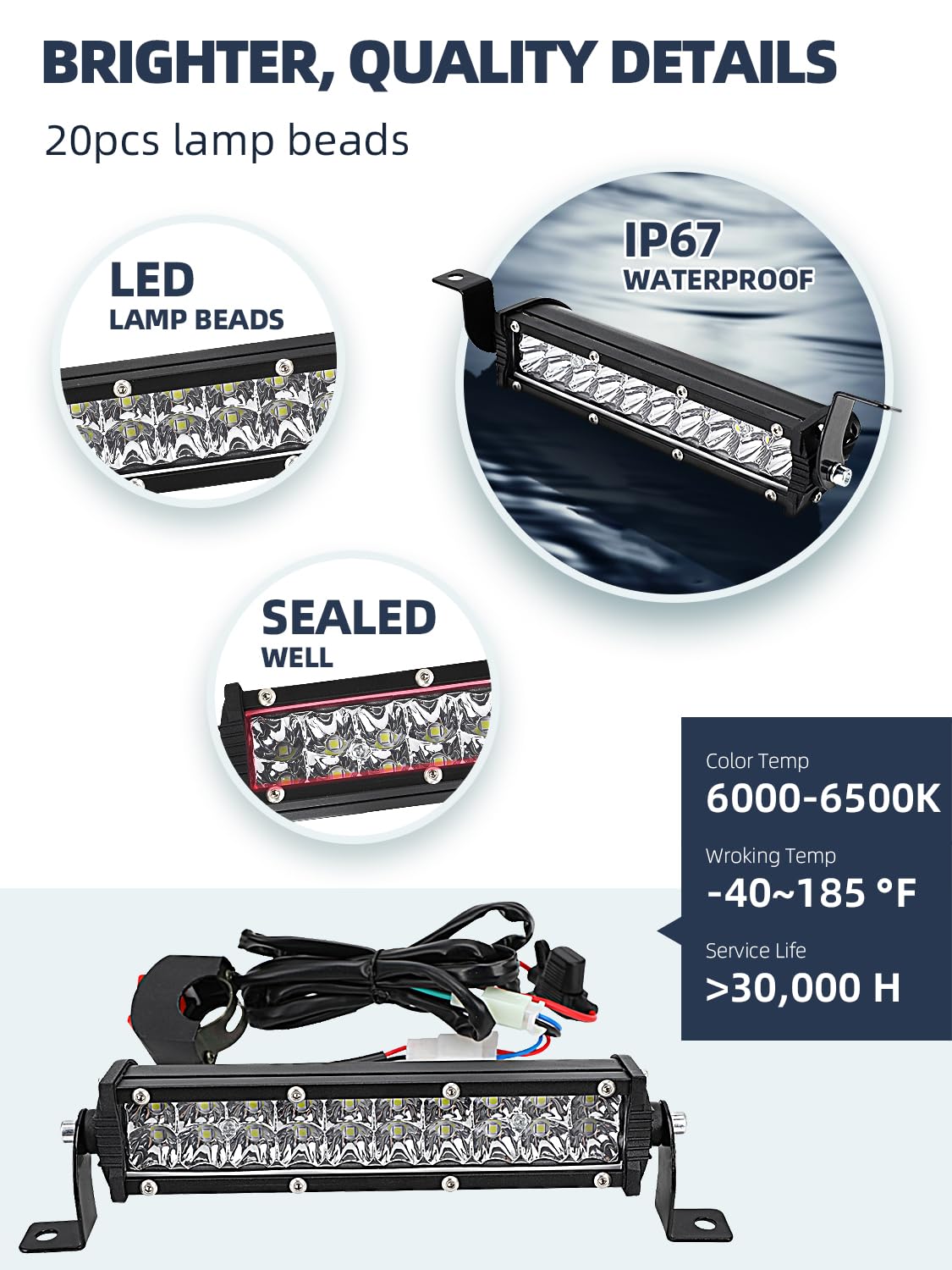 60W 2500LM Universal Dirt Bike Light Bar - Plug & Play Motorcycle Headlight for CRF110 KLX140 KLX110 TTR110 (Fits Most 7/8