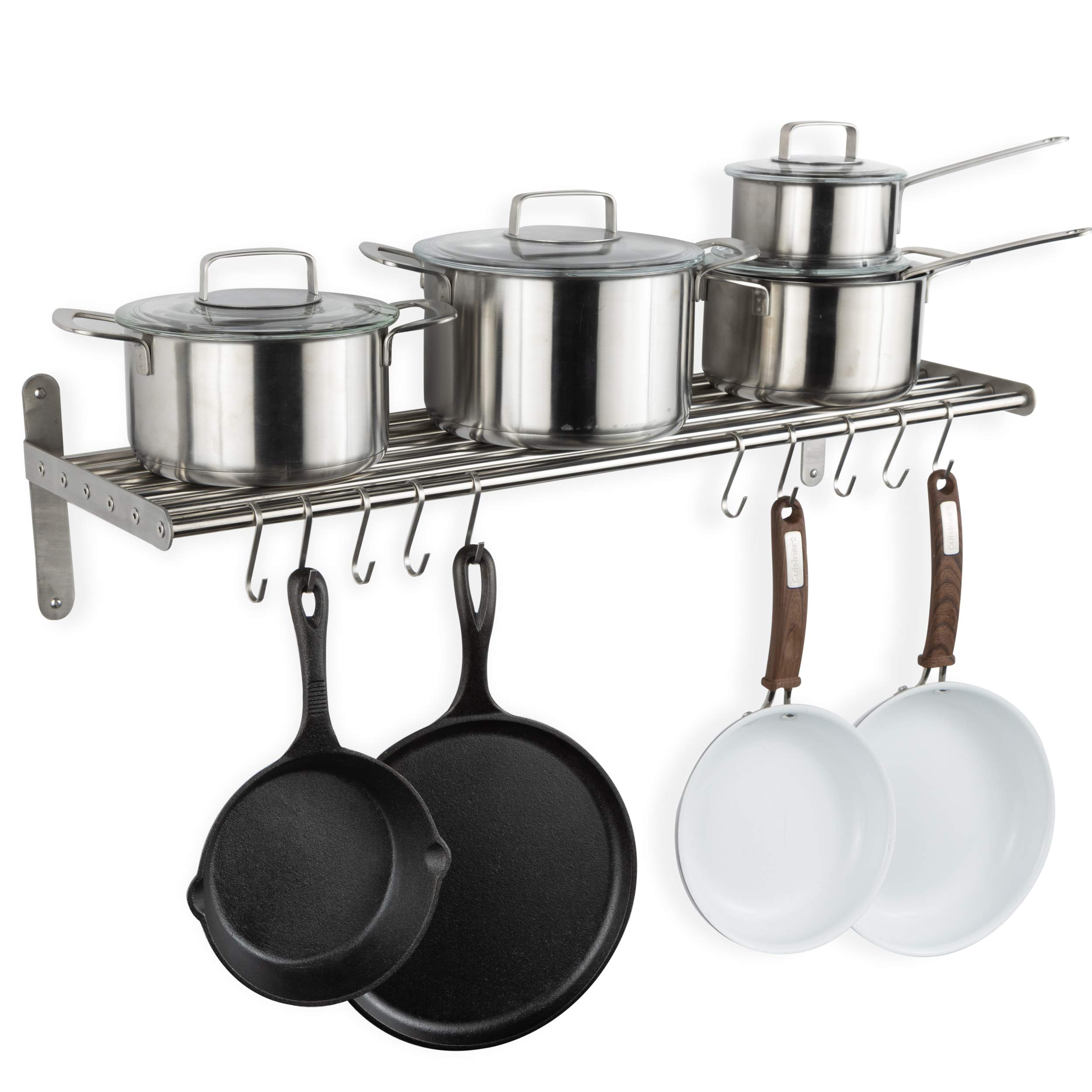 Wallniture Lyon Stainless Steel Wall Mounted Kitchen Shelf with 10 S-Hooks - Pot Rack Organizer for Cookware Storage - Space Saving Solution for Small Kitchens & Pantries (Chrome Finish) - Perfect for Hanging Pots, Pans, Utensils & Kitchen Accessories