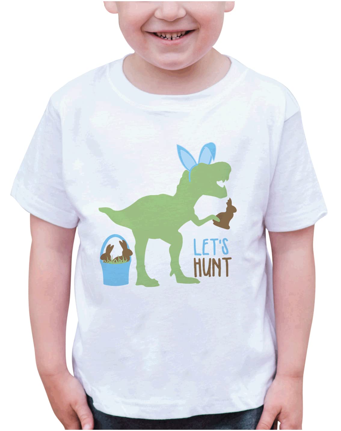 Happy Easter Boys T-Shirt - Cute Easter Bunny Dinosaur Print White Tee for Kids | Easter Sunday Outfit, Spring Festival Gift, Holiday Family Photo Matching