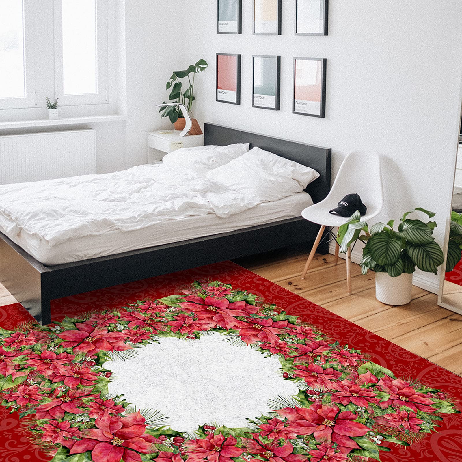 Soft Modern 4' x 6' Area Rug for Bedroom, Kids Room & Living Room - Red Poinsettia Woodland Christmas Design - Cozy Nursery Floor Carpet for Boys & Girls | Perfect for Holiday Decor, Playrooms & Home Interior Styling
