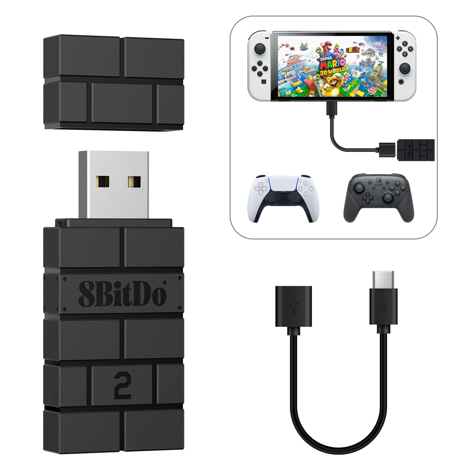 8Bitdo USB Wireless Adapter 2 for Windows, Mac & Raspberry Pi - Compatible with Xbox Series X/S, PS5/PS4/PS3 Controllers | Wireless Gaming Receiver with OTG Cable | Perfect for PC Gaming, Retro Gaming & Console Emulation