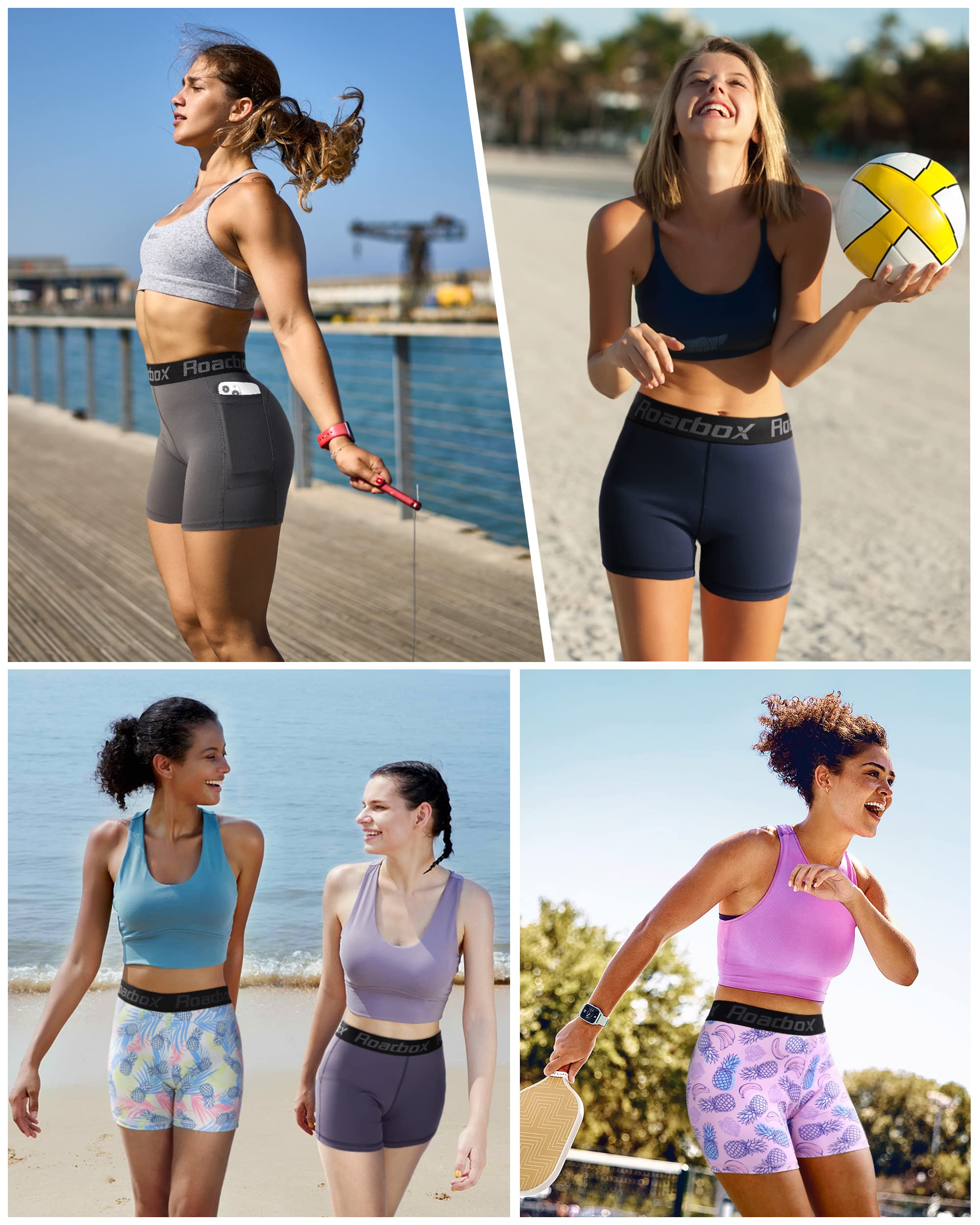 Roadbox 5'' Women's Volleyball Compression Shorts with Pockets - 3 Pack Spandex Workout Athletic Shorts for Running, Gym, Yoga | Perfect for Sports, Training & Active Lifestyle