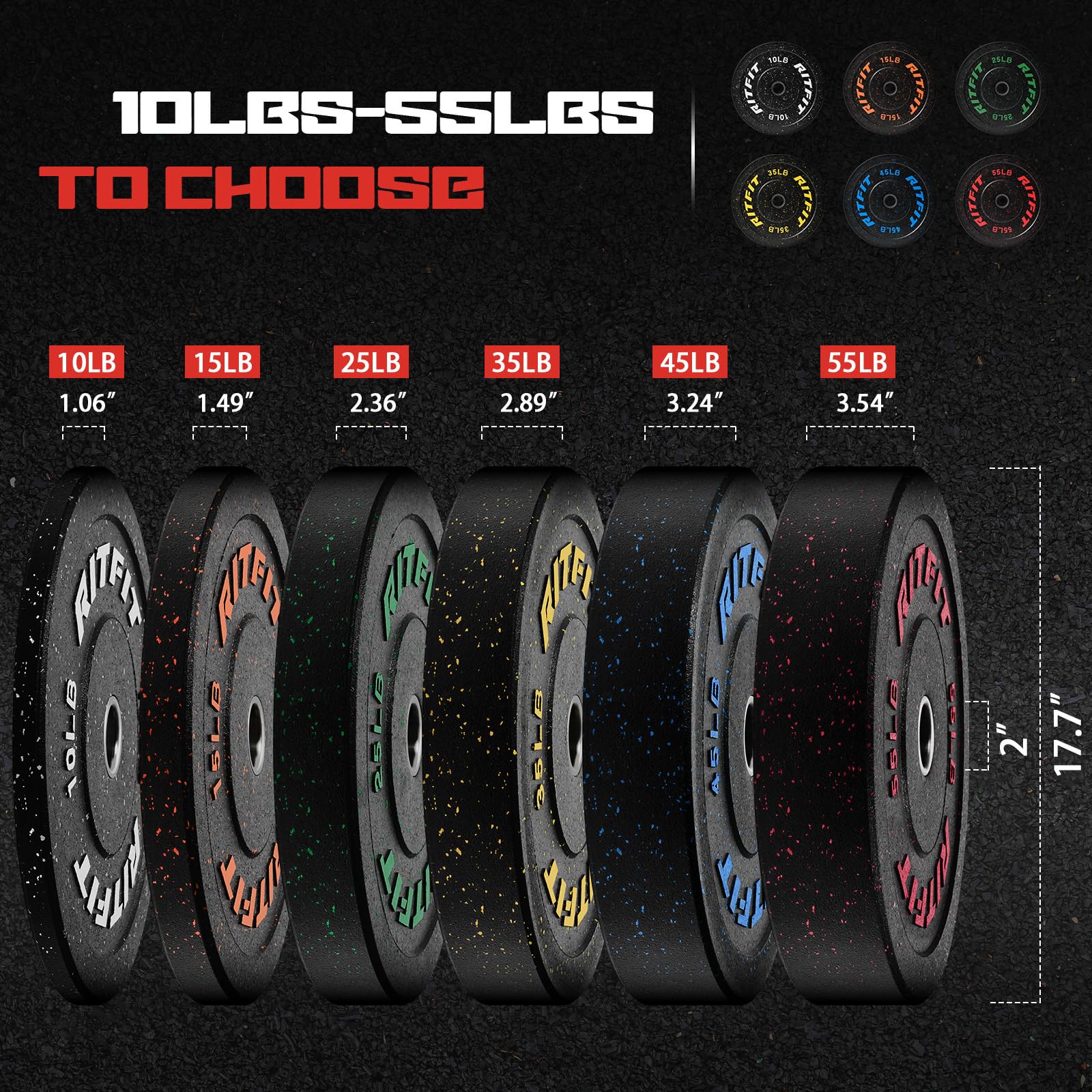 RitFit Bumper Plates - Colored Fleck-Rubber Olympic Weight Plates with Steel Insert (2-inch) for Weight Lifting, CrossFit & Strength Training - Single, Pair & Set Options - Perfect for Home Gym & Commercial Fitness Centers