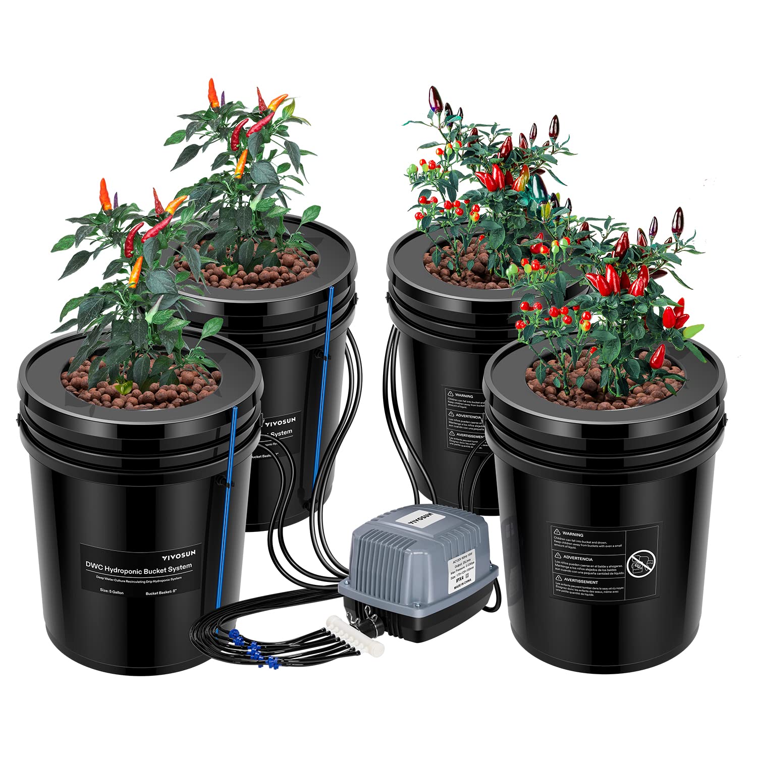 VIVOSUN 5-Gallon DWC Hydroponics Grow System with Top Drip Kit - Deep Water Culture Recirculating Garden System, Includes Air Pump, Hose & Stone (4 Buckets) - Ideal for Indoor Herb, Vegetable & Flower Growing