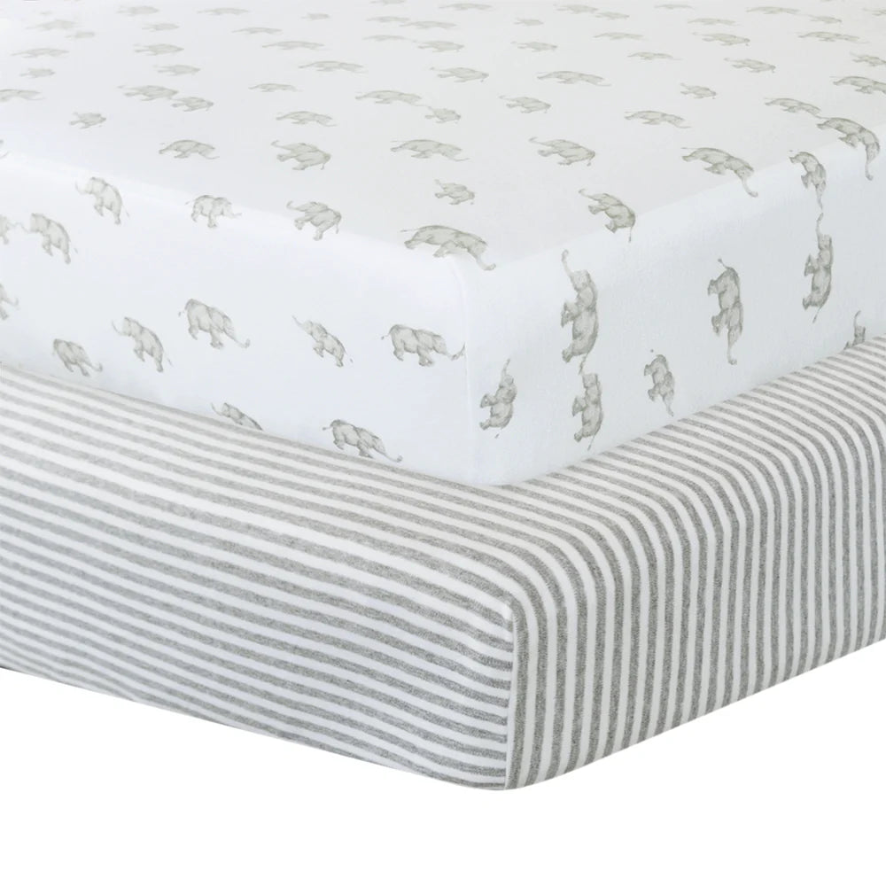 Cot Fitted Sheets 2 Pack - Watercolor Elephant & Grey Stripes Baby Crib Sheets, Soft Breathable Nursery Bedding for Boys & Girls - Perfect for Daycare, Travel & Home Nursery Decor