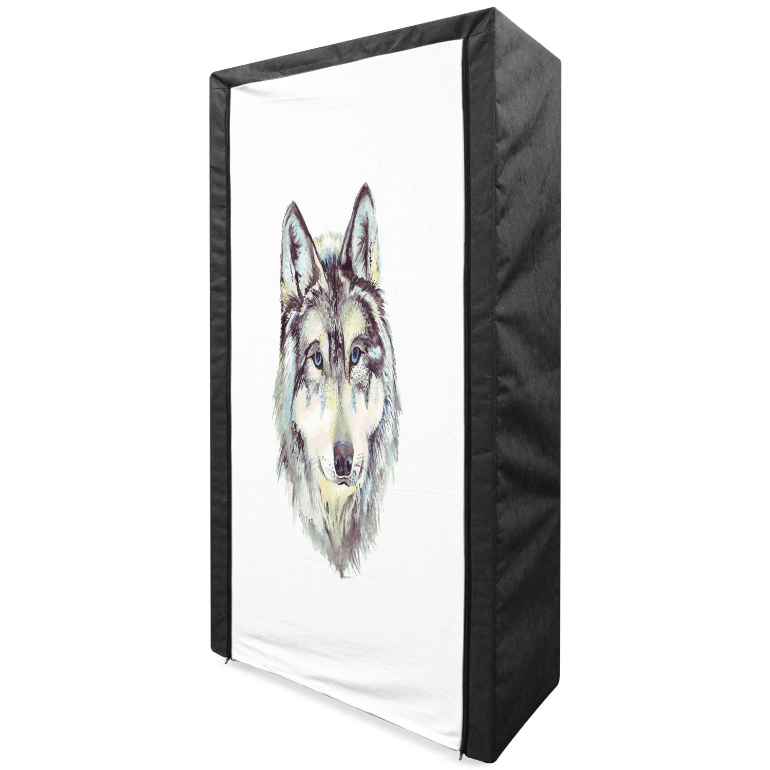 Ambesonne Wolf Portable Fabric Wardrobe - Hand Drawn Canine Portrait with Blue Eyes, Watercolor Wildlife Illustration - 33.5