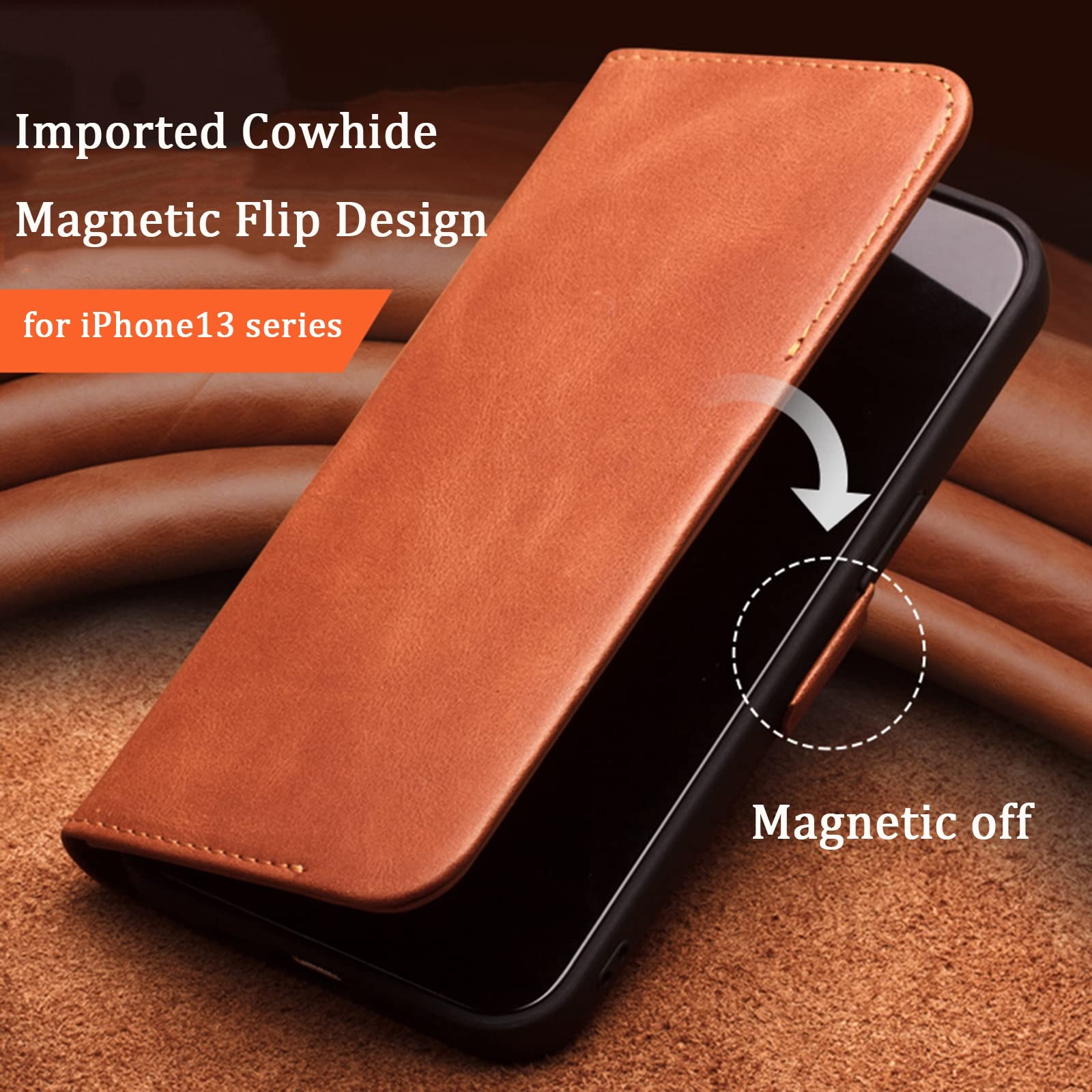 Genuine Leather Wallet Case for iPhone 13 Pro Max/13 Pro/13/13 Mini - RFID Blocking Card Slots with Magnetic Closure & Kickstand | Book Style Flip Cover | Perfect for Work, Travel & Daily Use (Brown, 5.4
