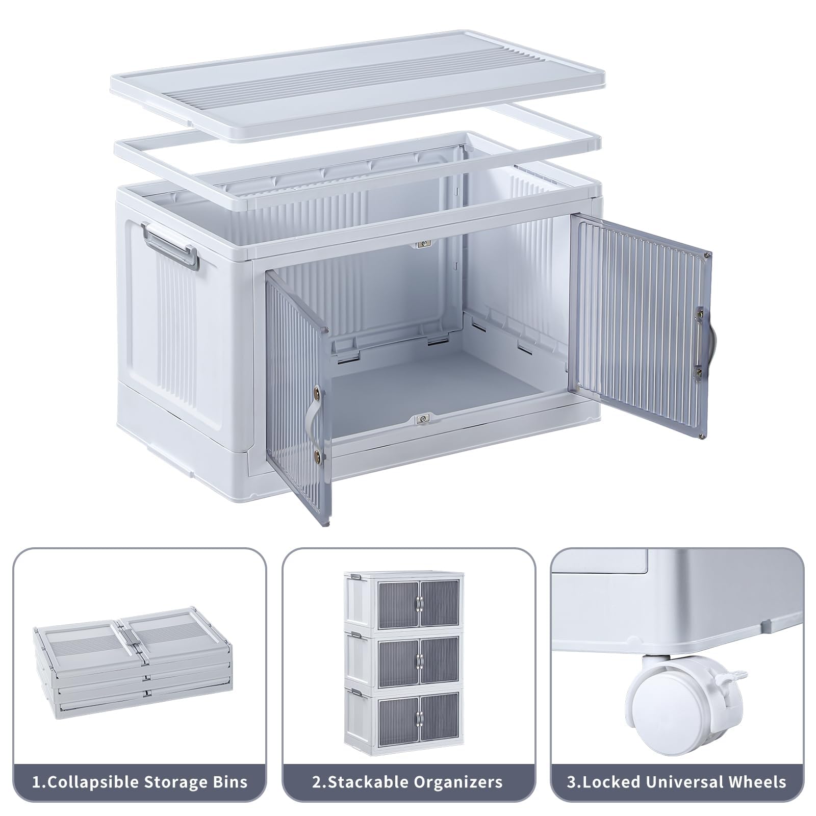 IMHO 132QT Stackable Storage Bins with Lids, Doors & Wheels - 32 Gallon Collapsible Plastic Storage Containers (3-Pack) for Closet Organization, Home Storage & Moving Supplies