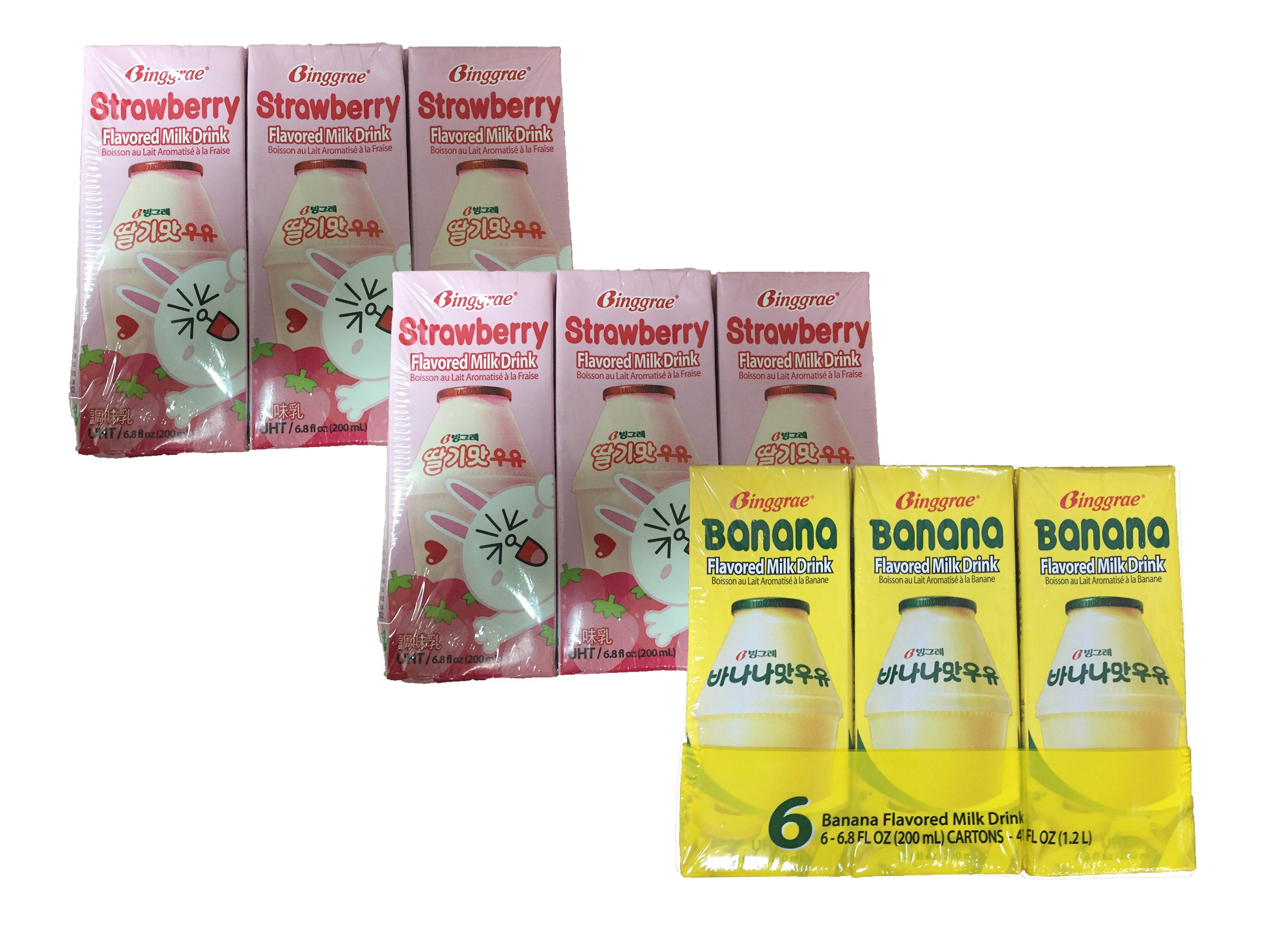 Binggrae Banana & Strawberry Flavored Milk Pack (2 Strawberry + 1 Banana) - Korean Milk Beverage for Breakfast, Snacks & Kids Lunch Boxes