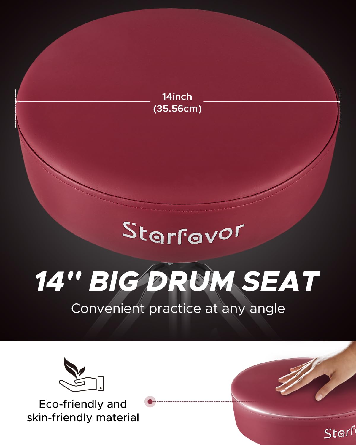 Starfavor Adjustable Drum Throne - Padded Rotatable Drum Stool with Double Braced Anti-Slip Feet, Comfortable Drum Seat for Drummers (Crimson Red, ST-650 Stone) - Perfect for Home Studios, Live Performances & Practice Sessions