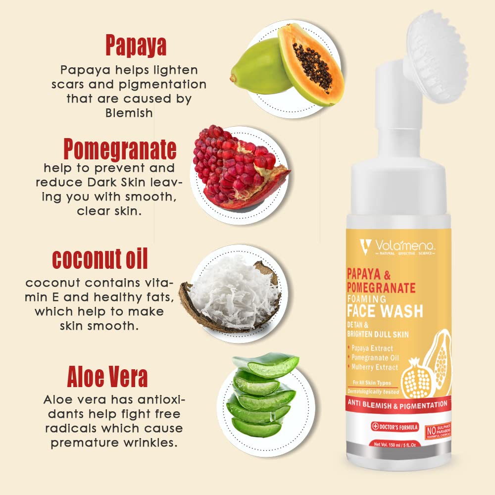 Volamena Papaya & Pomegranate Foaming Face Wash for Glowing Skin - 150ml Gentle Cleanser for Women & Men | Perfect for Daily Skincare Routine & Acne-Prone Skin