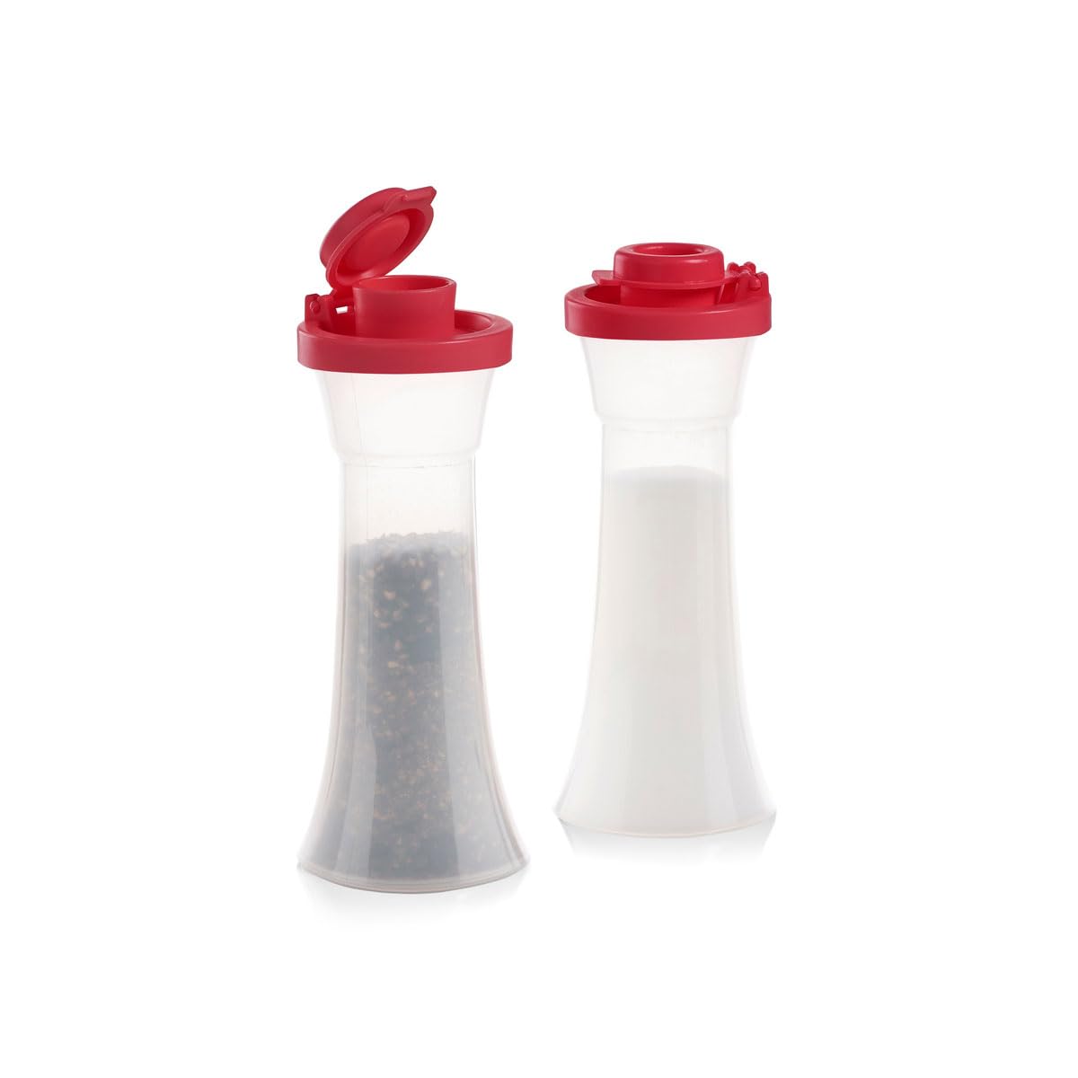 Premium Tupperware Mini 4-Inch Hourglass Salt and Pepper Shakers with Red Seal - Perfect for Kitchen, Dining Table, and Picnic Seasoning Needs