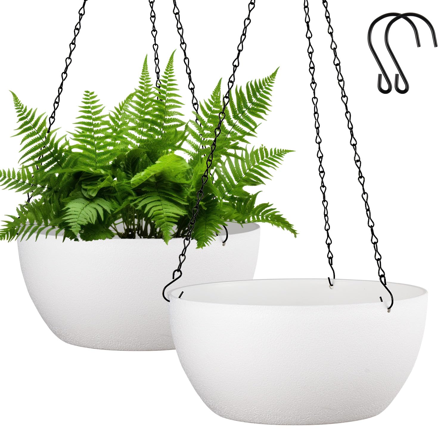 12 Inch Hanging Planters Set of 2 - White Flower Pots with Drainage Holes & Chains for Indoor Outdoor Garden - Perfect for Balcony, Patio, and Home Decor