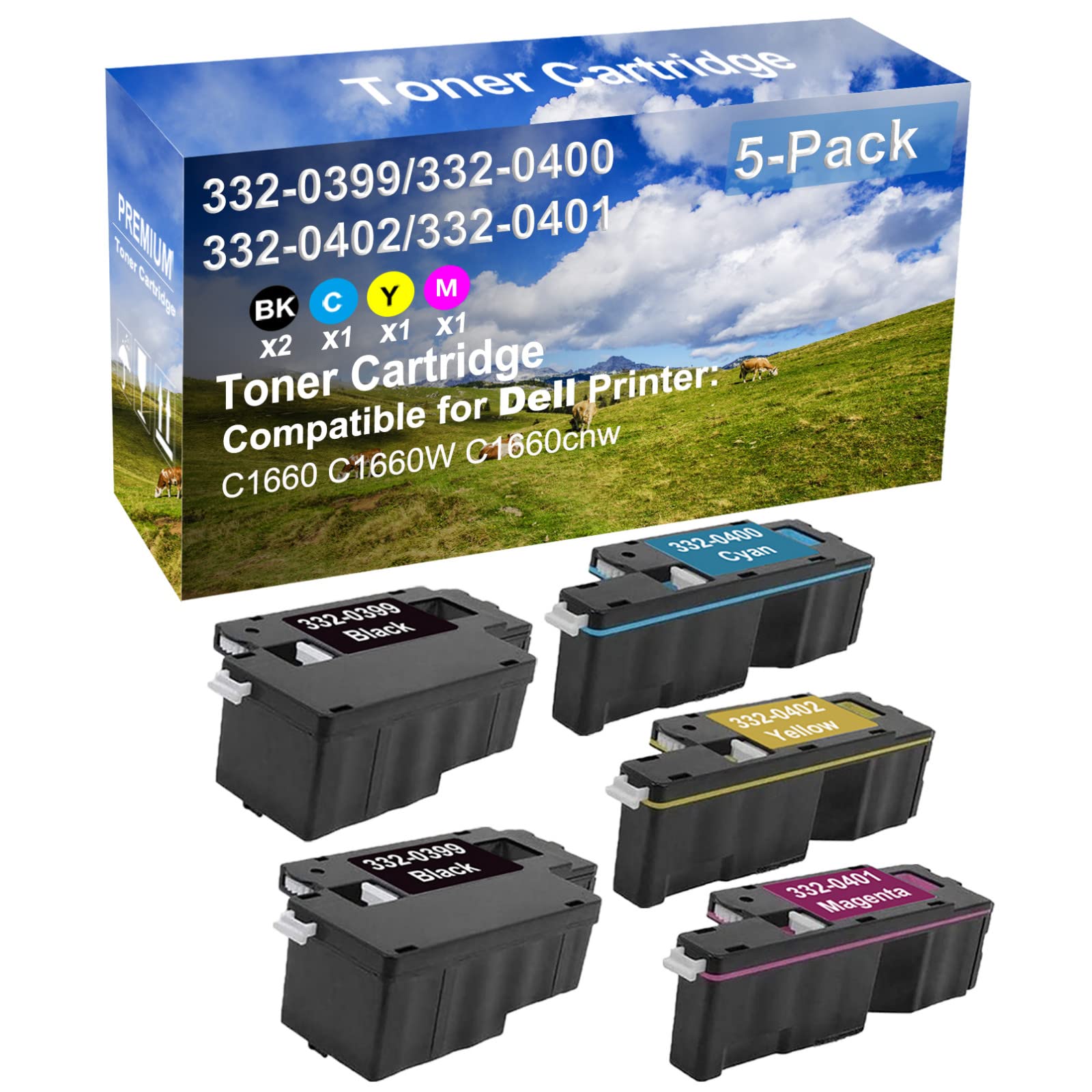 5-Pack (2BK+C+Y+M) High Yield Compatible Toner Cartridge for Dell C1660 C1660W C1660cnw Printers - Replacement for 332-0399, 332-0400, 332-0402, 332-0401 - Perfect for Office & Home Printing Needs