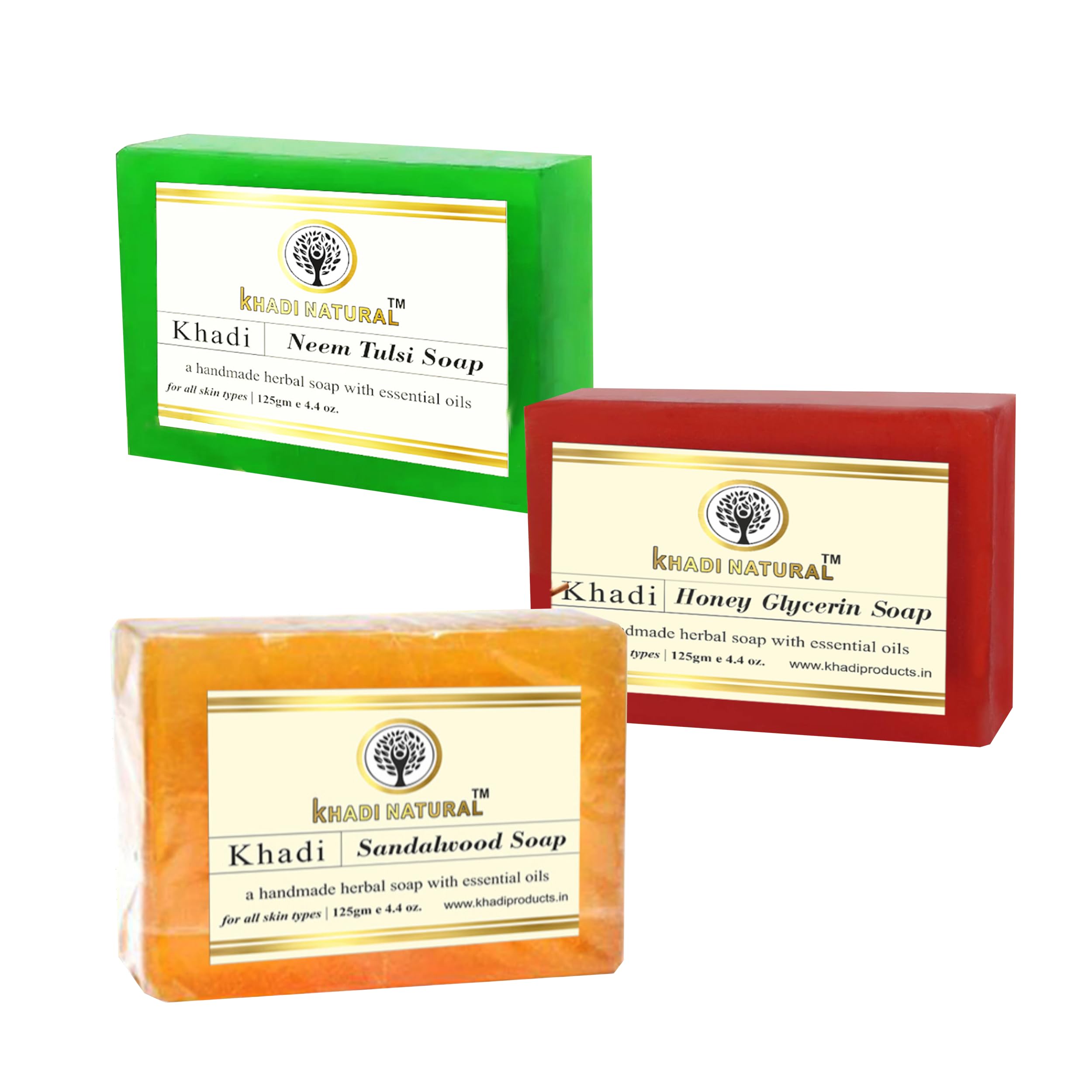 Khadi Natural Handmade Herbal Soap Bar Pack - Organic Neem Tulsi Sandalwood Honey Soap with Essential Oils for Soft & Healthy Skin - 3-Piece Gift Set (125g Each) - Perfect for Daily Skincare, Spa Days & Eco-Friendly Bathing