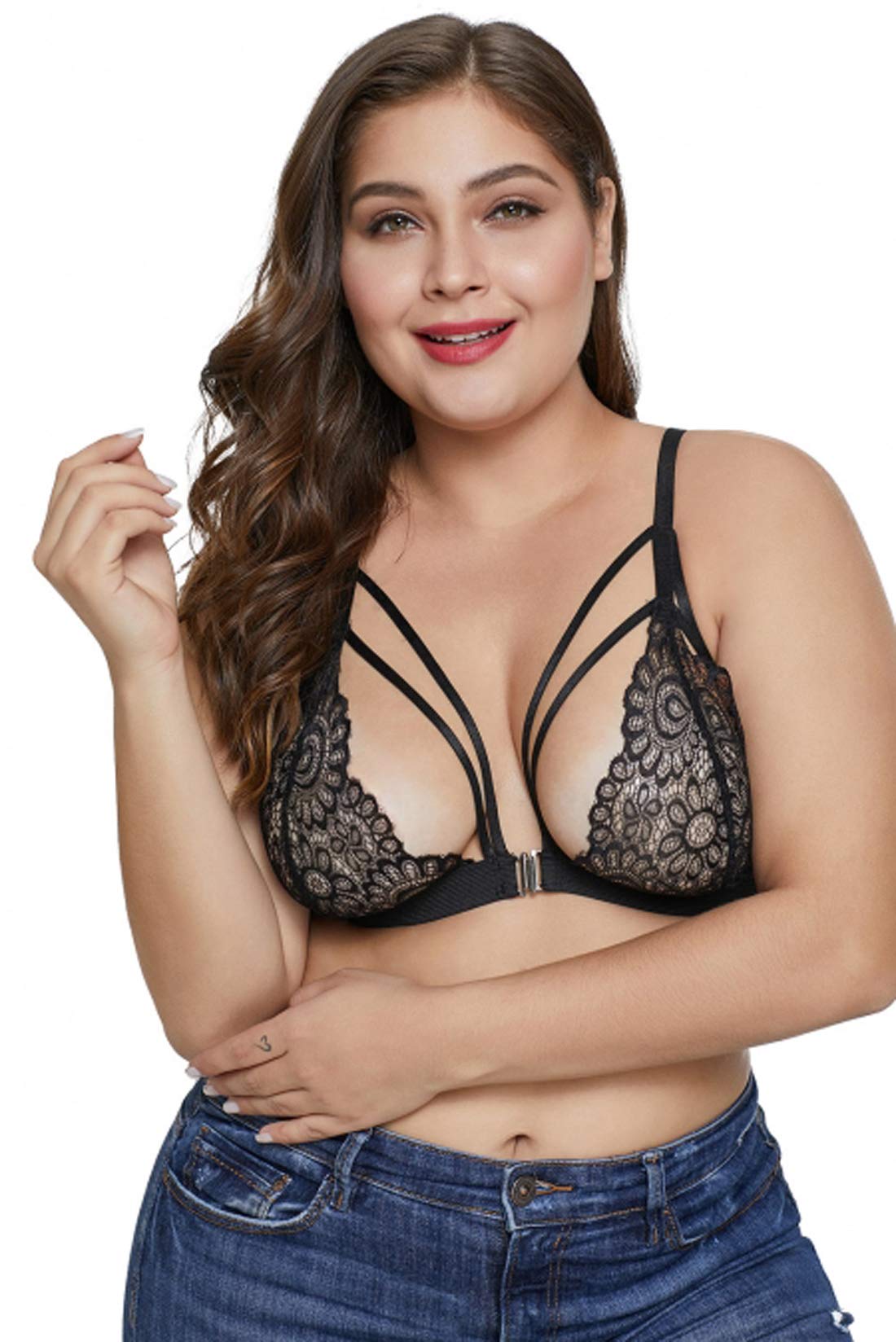 Plus Size Sexy Bralette Lingerie for Women - Floral Sheer Lace Strappy Bra Top | Comfortable Wireless Underwear for Curvy Women, Perfect for Date Night & Boudoir Photography