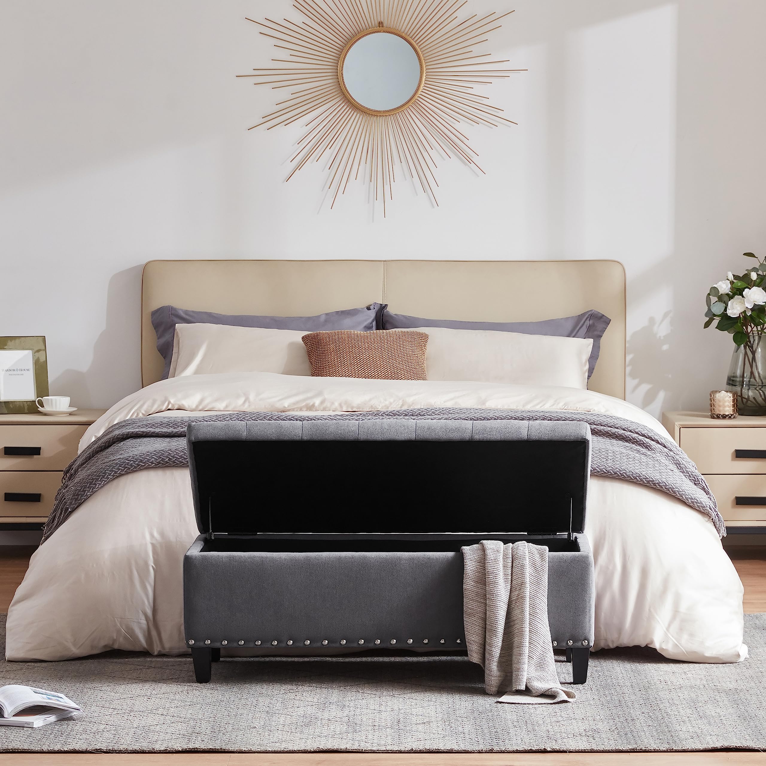 HUIMO 41-inch Upholstered Fabric Storage Ottoman Bench with Safety Hinge - Button-Tufted Design, Grey - Multi-Functional Footrest & Seat for Bedroom, Living Room, Entryway - Perfect as Bed End Bench, Coffee Table Alternative & Extra Storage Solution