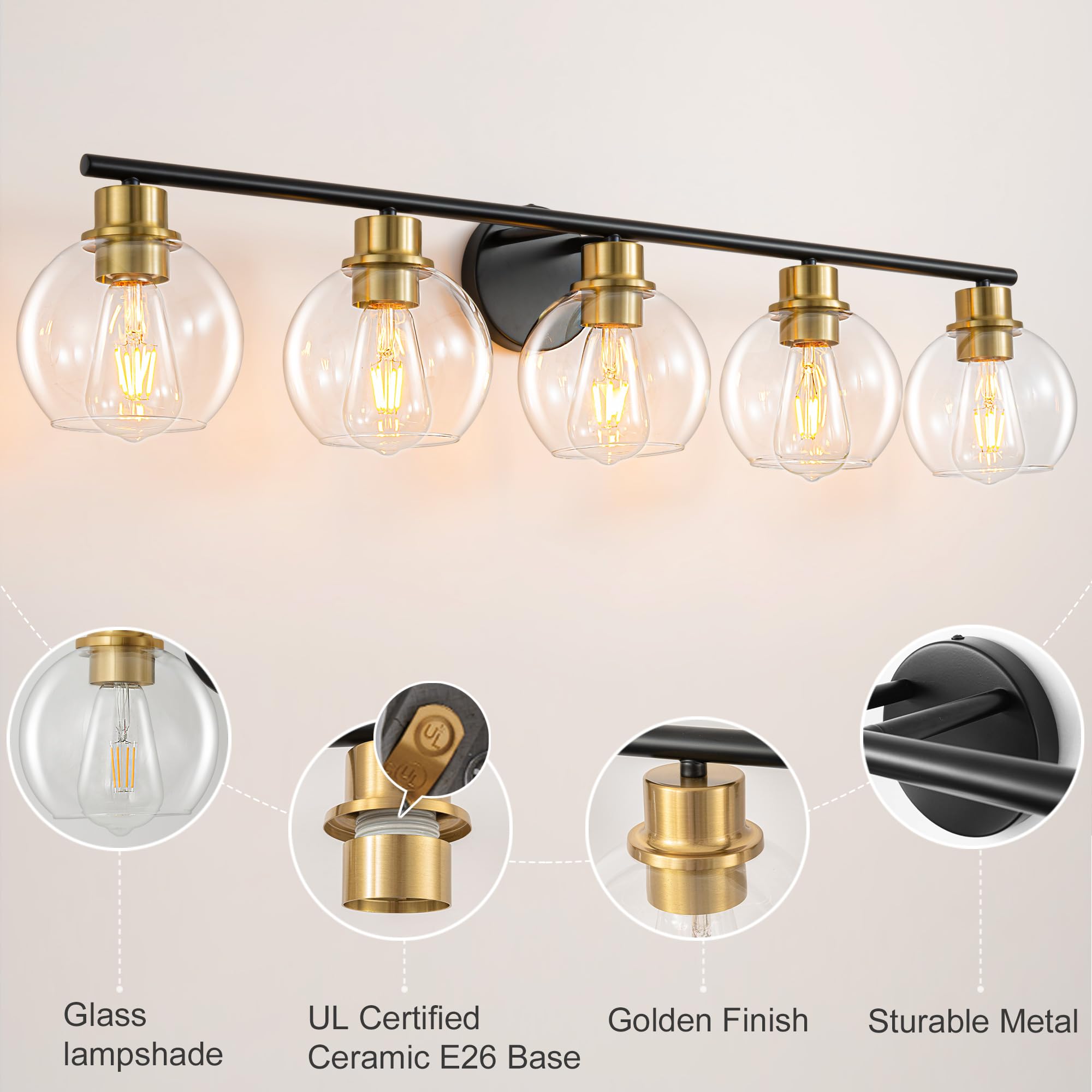 Modern Black & Gold Bathroom Vanity Light Fixture - 5-Light Wall Sconce with Clear Glass Shades (37.4 Inch) - Perfect for Mirror Lighting, Powder Room & Master Bathroom Decor