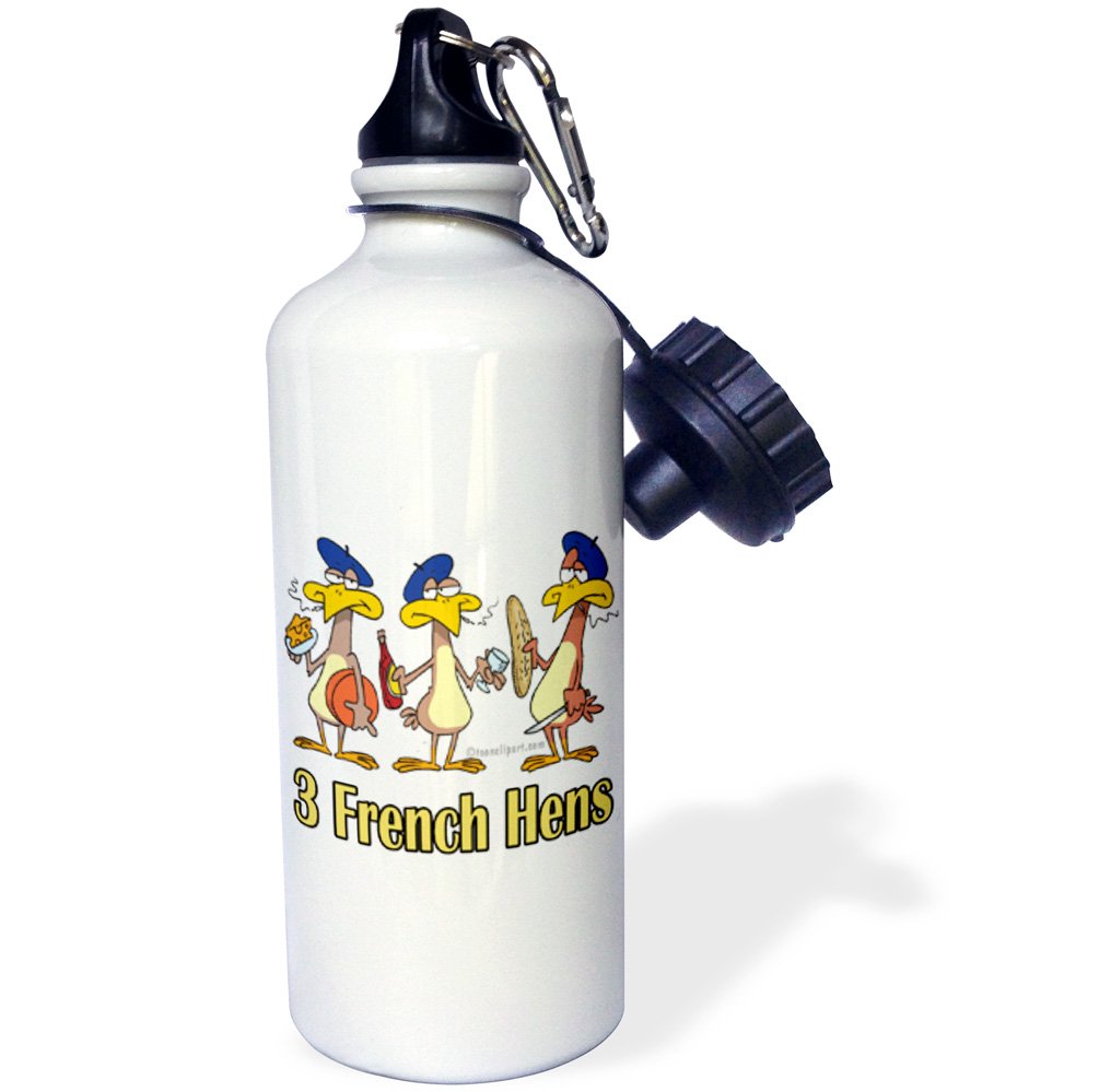 3D Rose Three French Hens Sports Water Bottle - 21oz Insulated Stainless Steel Water Bottle for Gym, Hiking & Outdoor Activities - BPA Free, Leak Proof, White