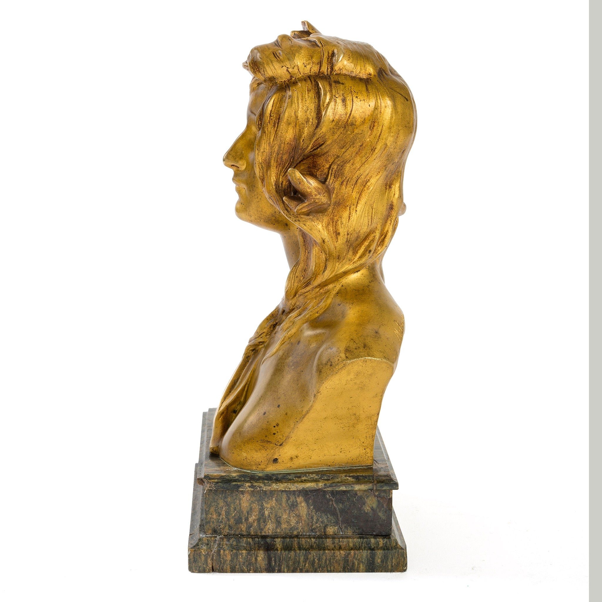 Antique Maurice Bouval Gilt Bronze & Marble Iris Woman Bust Statue - French Art Nouveau Sculpture for Home Decor, Office Display, and Art Collection