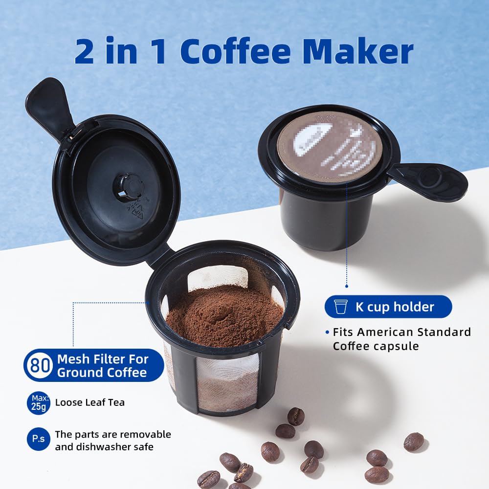 2-in-1 Single Serve Coffee Maker for K-Cup Pods & Ground Coffee - Mini One Cup Coffee Machine with Auto Shut Off (6-14oz) - Perfect for Home, Office & Travel Mugs - Compact & Portable Coffee Brewer
