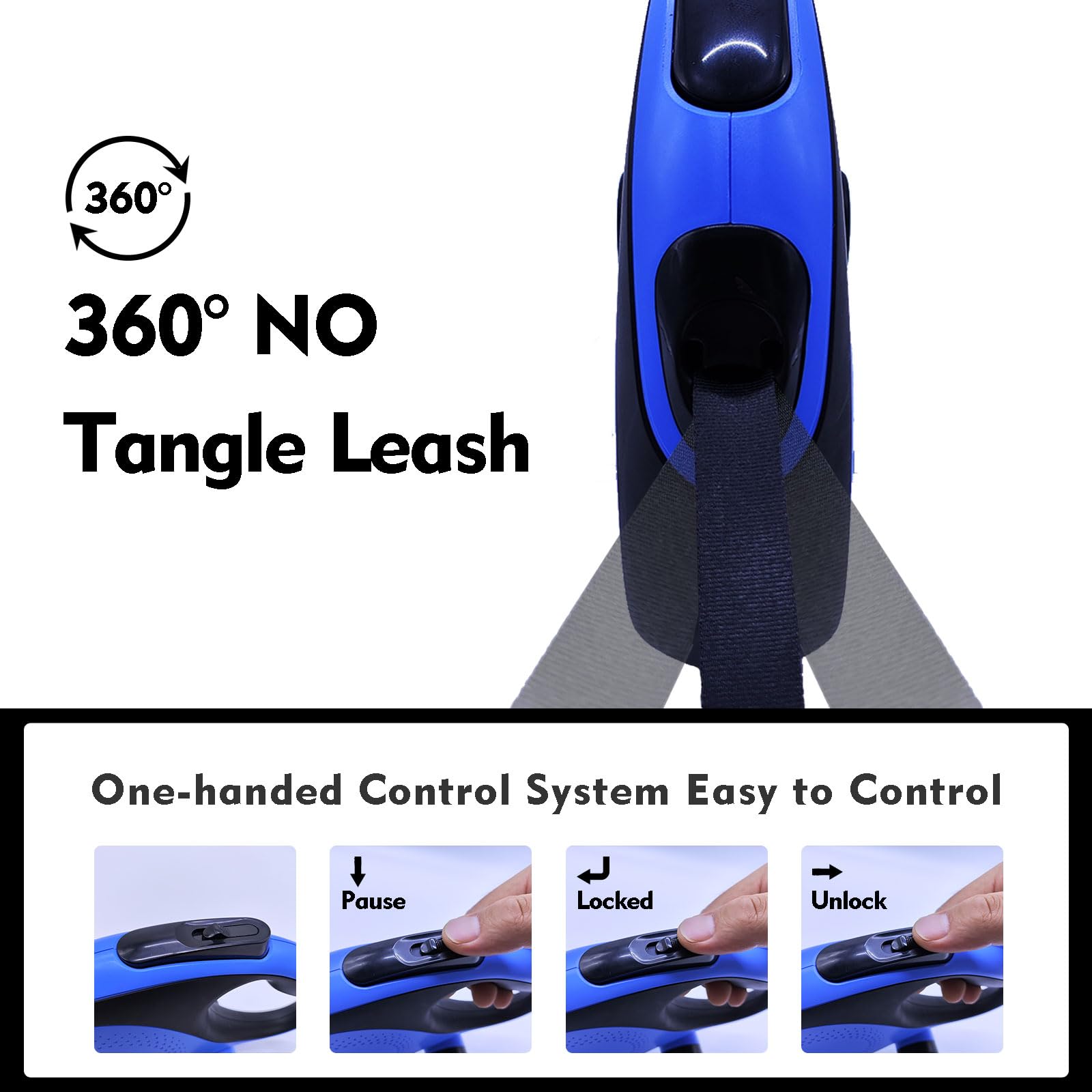 26Ft Retractable Dog Leash with Chew Proof Cable - Heavy Duty Nylon Tape Leash for Medium to Large Dogs up to 110lbs - Tangle-Free Design with One-Handed Brake & Removable Poop Bag Dispenser - Perfect for Walking, Running, Hiking and Outdoor Adventures (Blue)