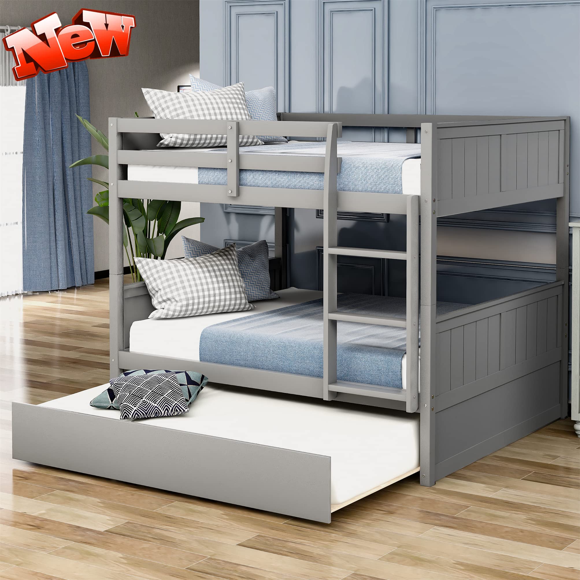 TIHWOALL Heavy Duty Full Over Full Bunk Bed with Trundle - Solid Wood Convertible Twin Bed Frame, Extra Sturdy & Safe for Kids & Teens - Perfect for Small Rooms, Guest Rooms & Vacation Homes