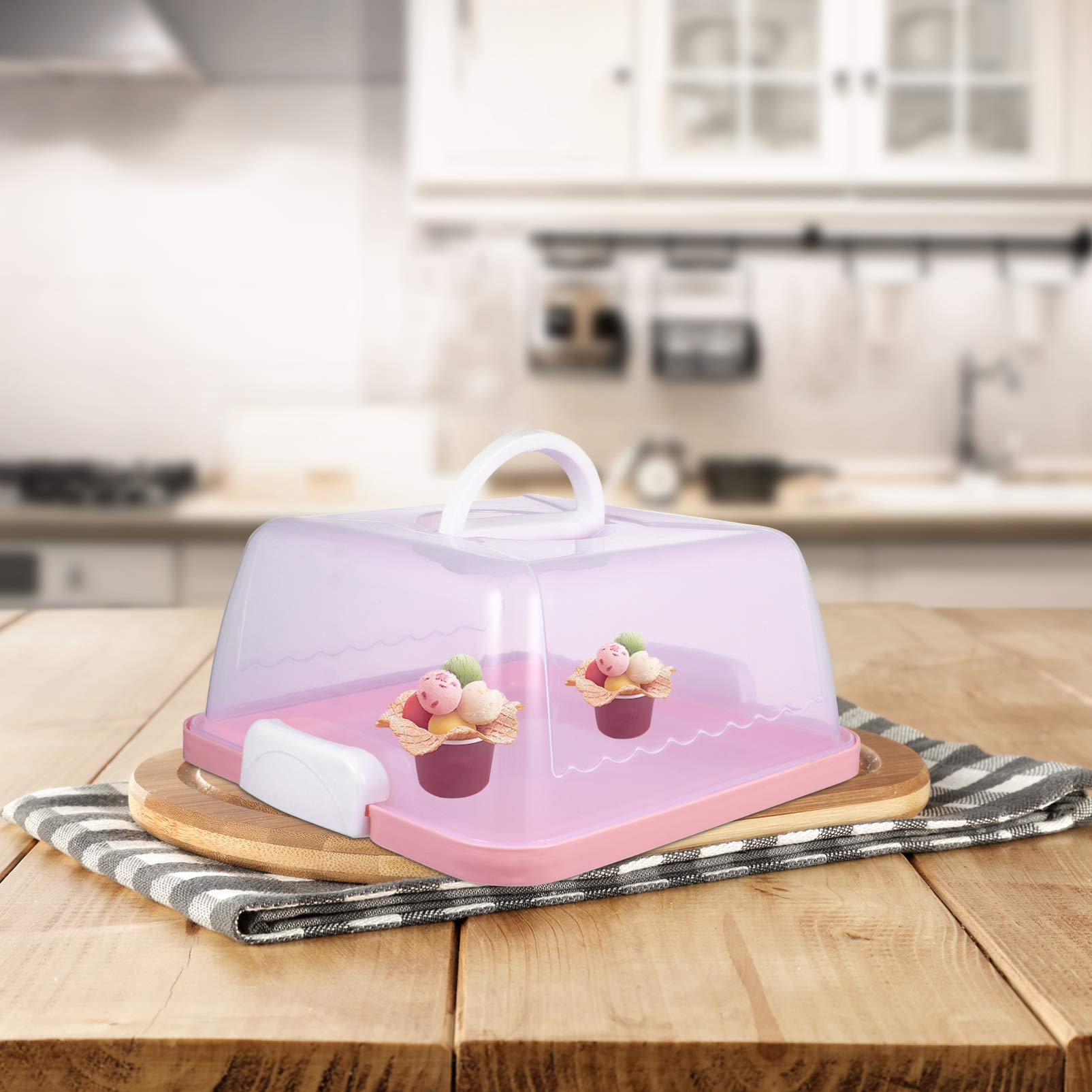 Pink Plastic Cake Carrier with Lid & Handle - Portable Square & Round Cake Container for Birthday, Wedding, Cupcakes - Food Storage Keeper Dome for Home, Bakery & Party Use