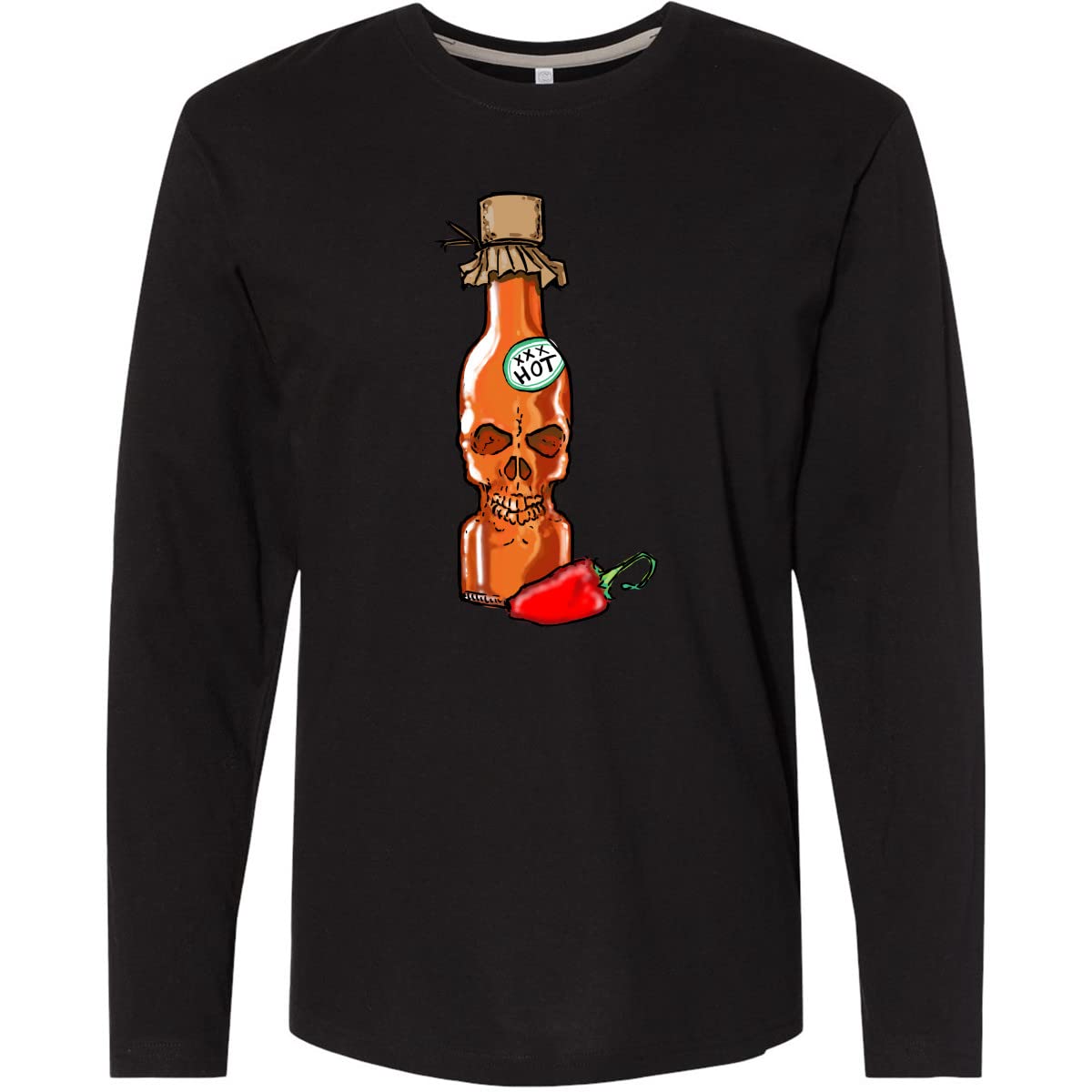 Inktastic Hot Sauce Skull Bottle with Pepper Design - Men's & Women's Long Sleeve Graphic T-Shirt for Halloween, Rock Concerts & Casual Wear