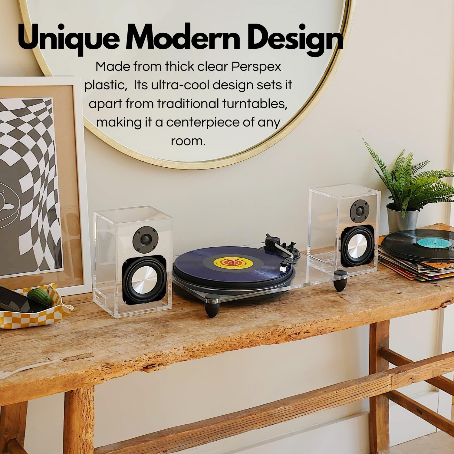Steepletone Soho Clear Acrylic Wireless Record Player with 2-Speed Turntable, Counter Weight & AT-3600L Cartridge - Perfect for Home Entertainment & Vinyl Collectors