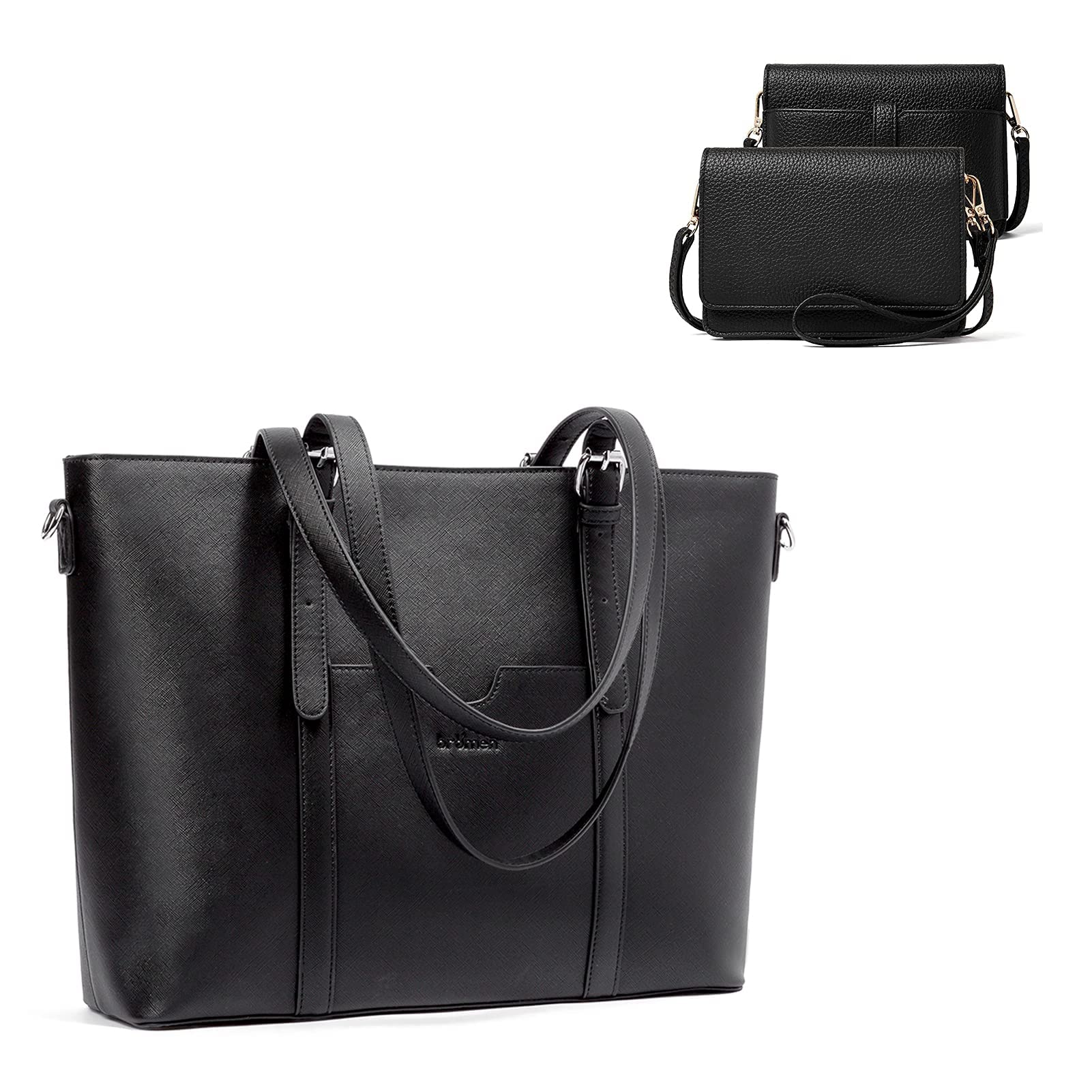 BROMEN 15.6 Inch Laptop Tote Bag for Women - Professional Business Briefcase & Crossbody Purse with Wristlet Wallet Set (Black) - Perfect for Office, Work, Travel and Daily Commute