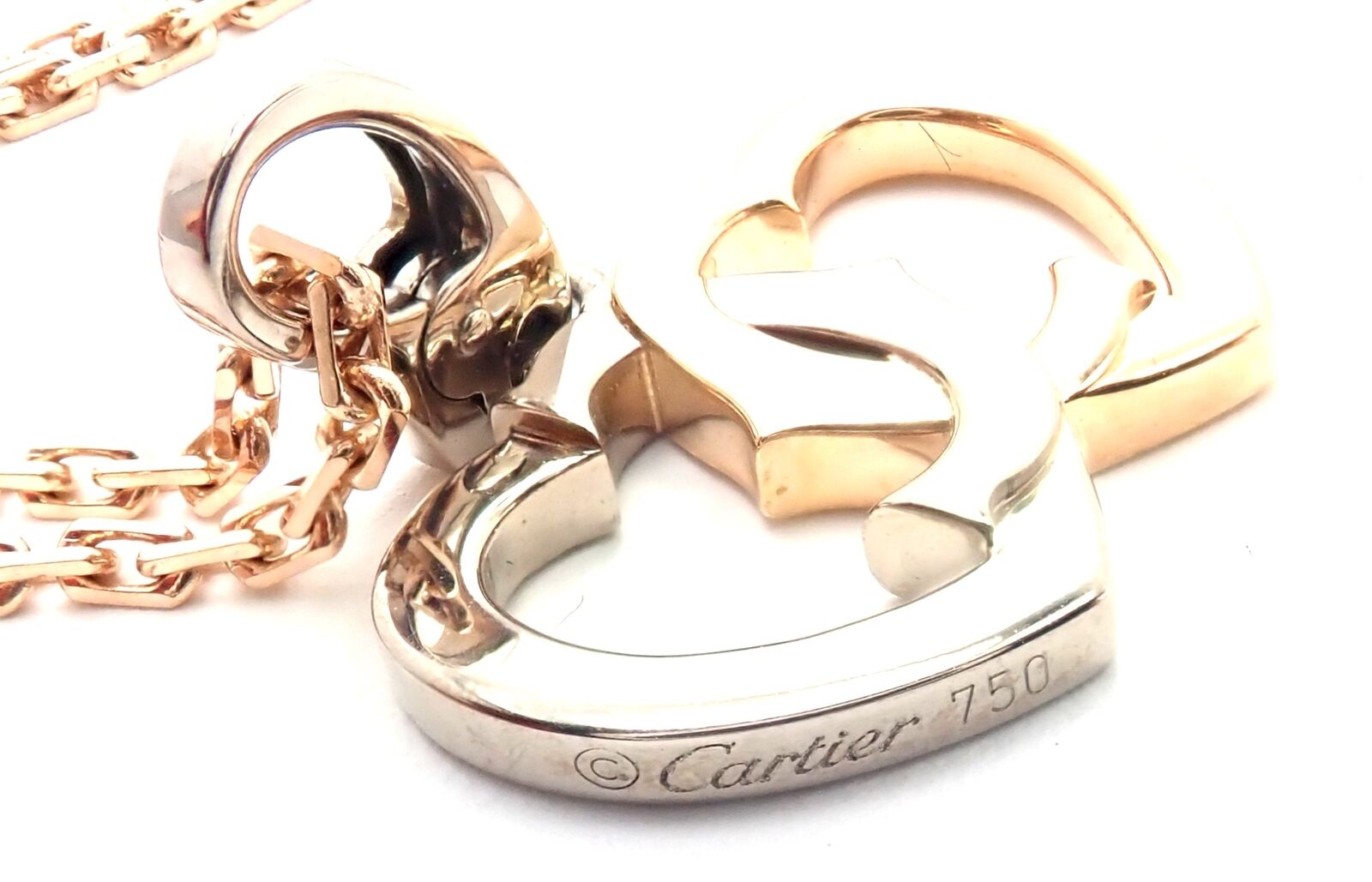 Authentic Cartier 18K Rose Gold & White Gold Double C Heart Pendant Necklace - Luxury Jewelry Gift for Women, Perfect for Valentine's Day & Anniversary