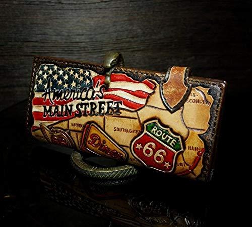 Handcrafted 3D Genuine Leather Wallet for Men - Long Biker Wallet with Hand-Carved & Hand-Painted Designs - Custom Personalized Route 66 & American Flag Leather Wallet - Perfect for Motorcycle Riders, Travelers & Gift Giving