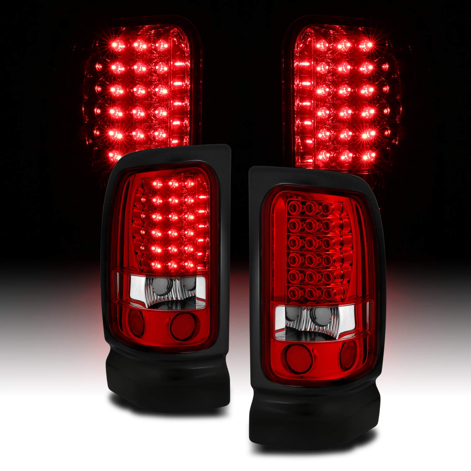 AmeriLite LED Brake Tail Lights for 94-01 Dodge Ram 1500 2500 3500 - Crystal Red Pair (Driver & Passenger Side) | Enhanced Visibility & Safety for Night Driving & Towing