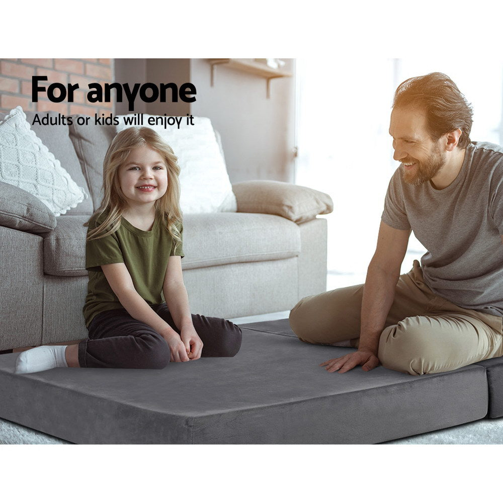 Double Size Folding Foam Mattress - Portable Guest Bed & Floor Mat - Velvet Dark Grey for Camping, Sleepovers & Small Spaces