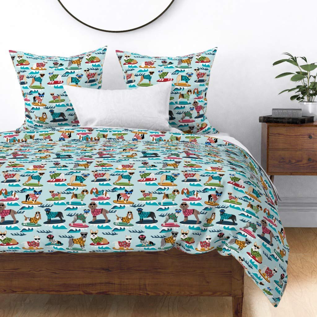 Surfing Dogs Cotton Sateen Duvet Cover Twin Size - Cute Summer Beach Tropical Dog Print (Labrador, Corgi, Pitbull, Poodle, Westie) Custom Bedding for Vacation Home & Kids Room Decor