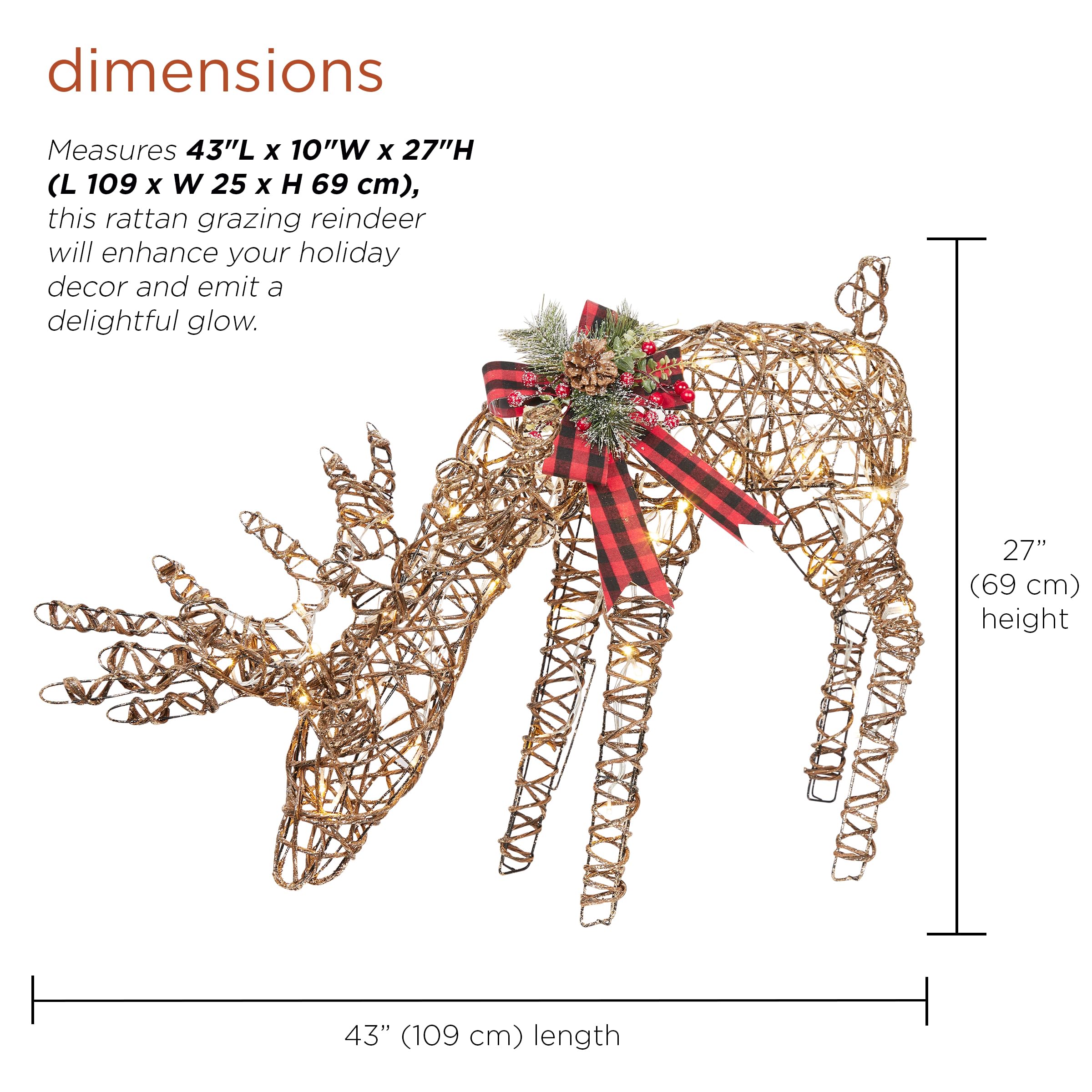 Rattan Grazing Reindeer with Bow and LED Lights Décor – Perfect for Christmas, Holiday Home Decor, and Festive Gift Ideas